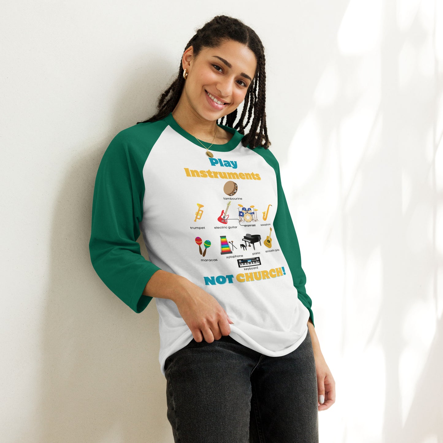 Unisex 3/4 Sleeve Raglan Shirt-Play Instruments NOT CHURCH