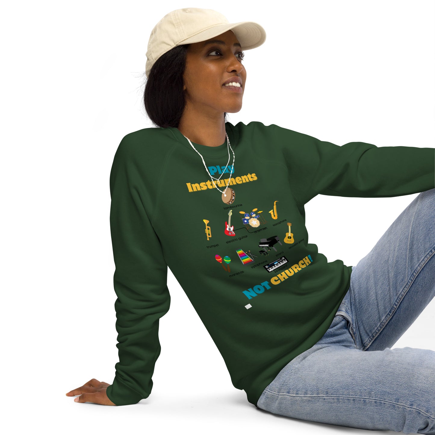 Unisex organic raglan sweatshirt-Play Instruments NOT CHURCH