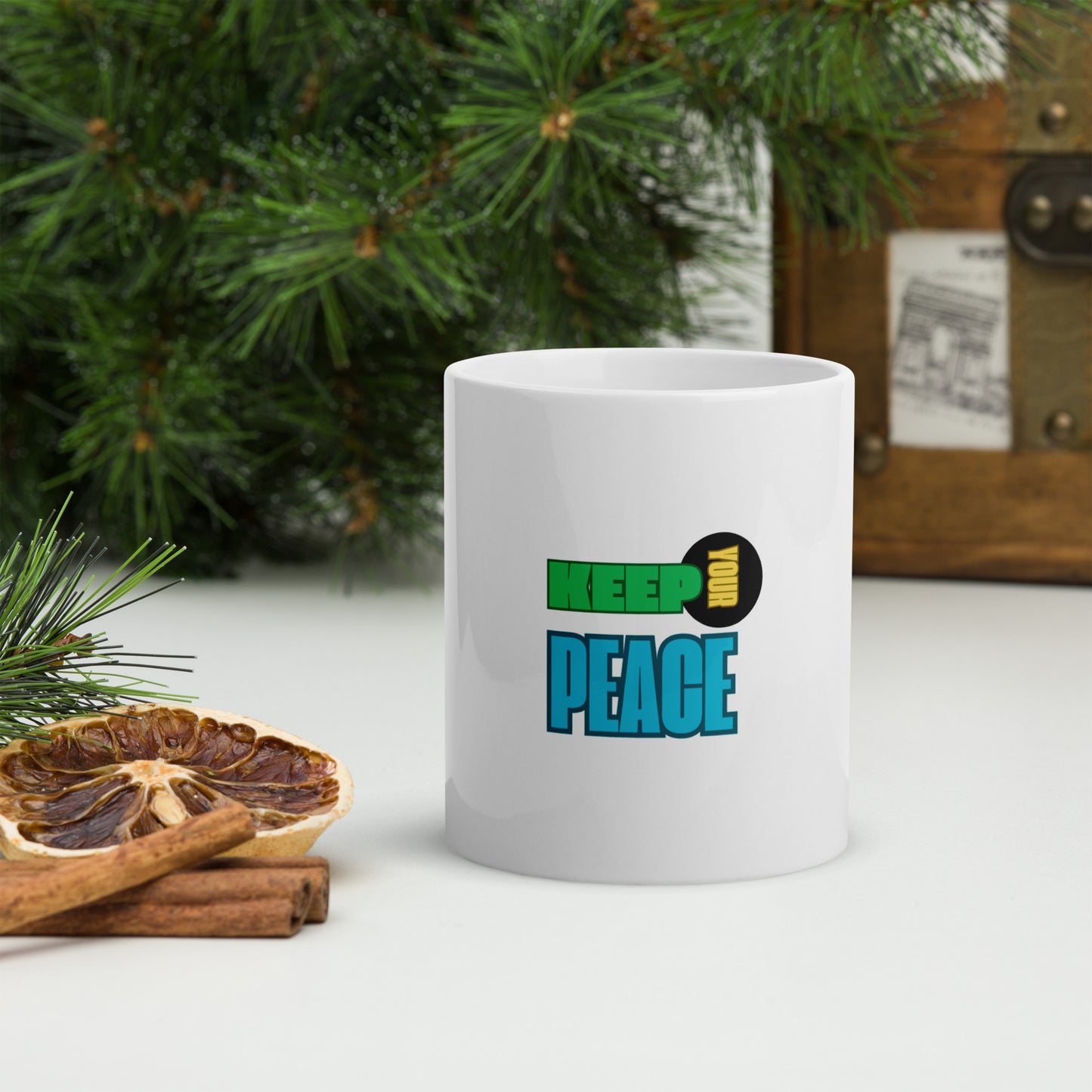 White glossy mug-KEEP YOUR PEACE