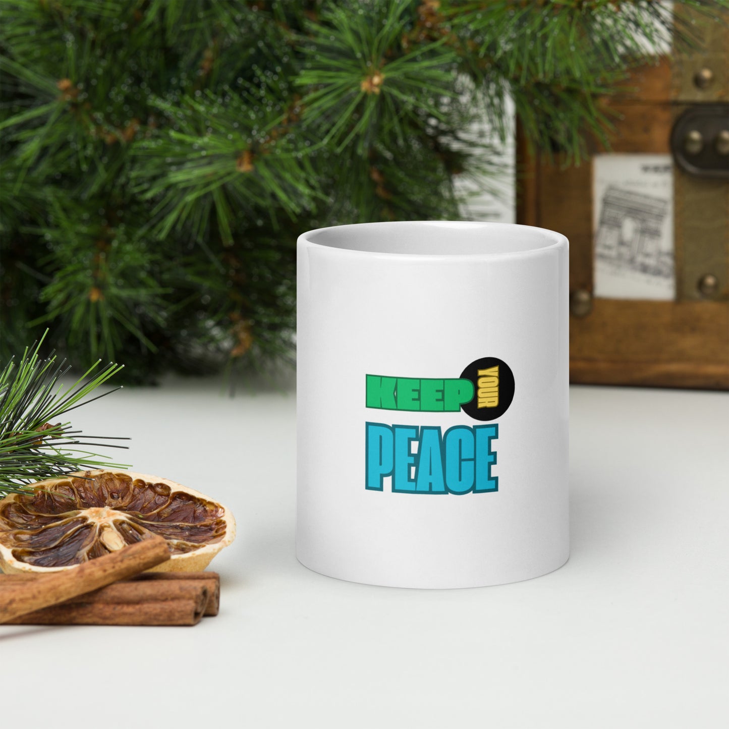 White glossy mug-KEEP YOUR PEACE