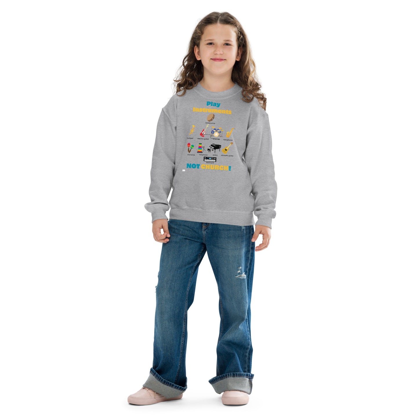 Youth Crewneck Sweatshirt-Play Instruments NOT CHURCH