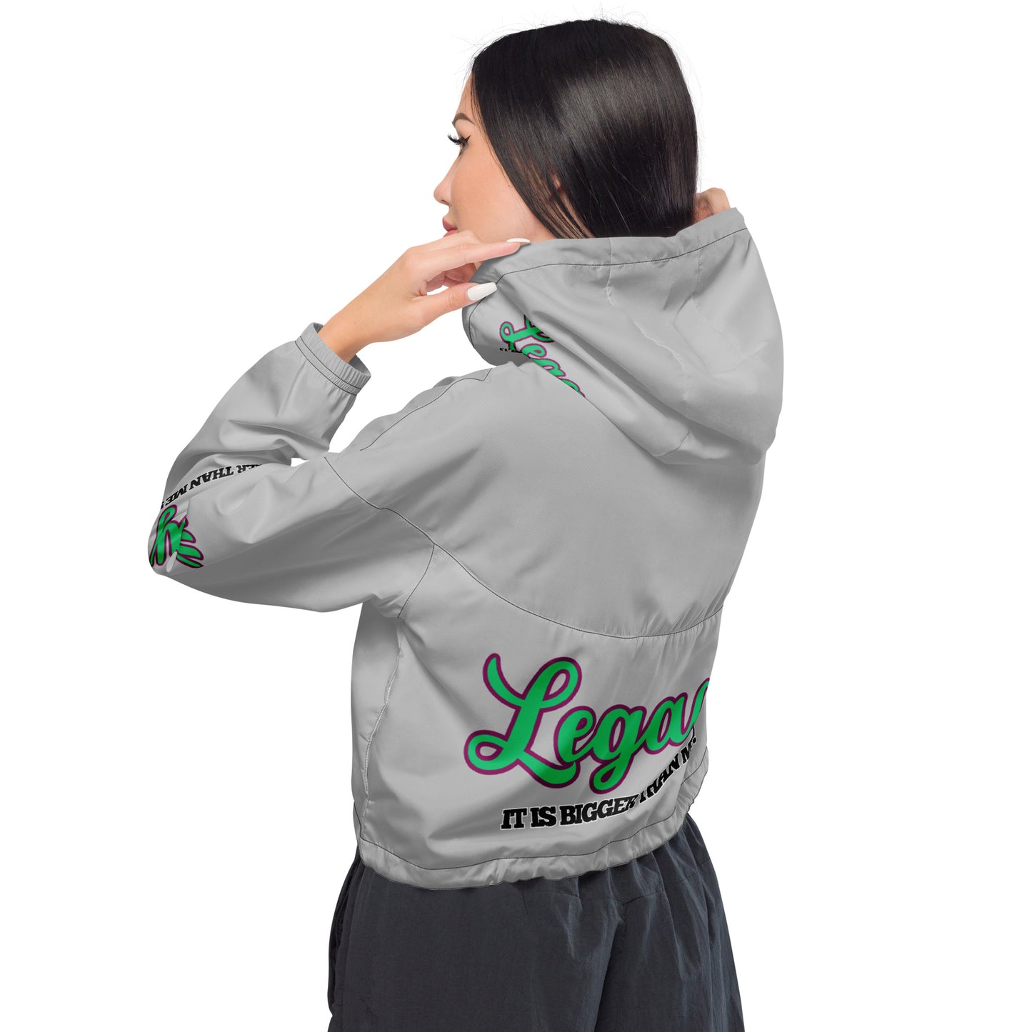 Women’s Cropped Windbreaker-LEGACY "It Is Bigger Than Me!" (GREEN ON GREY)