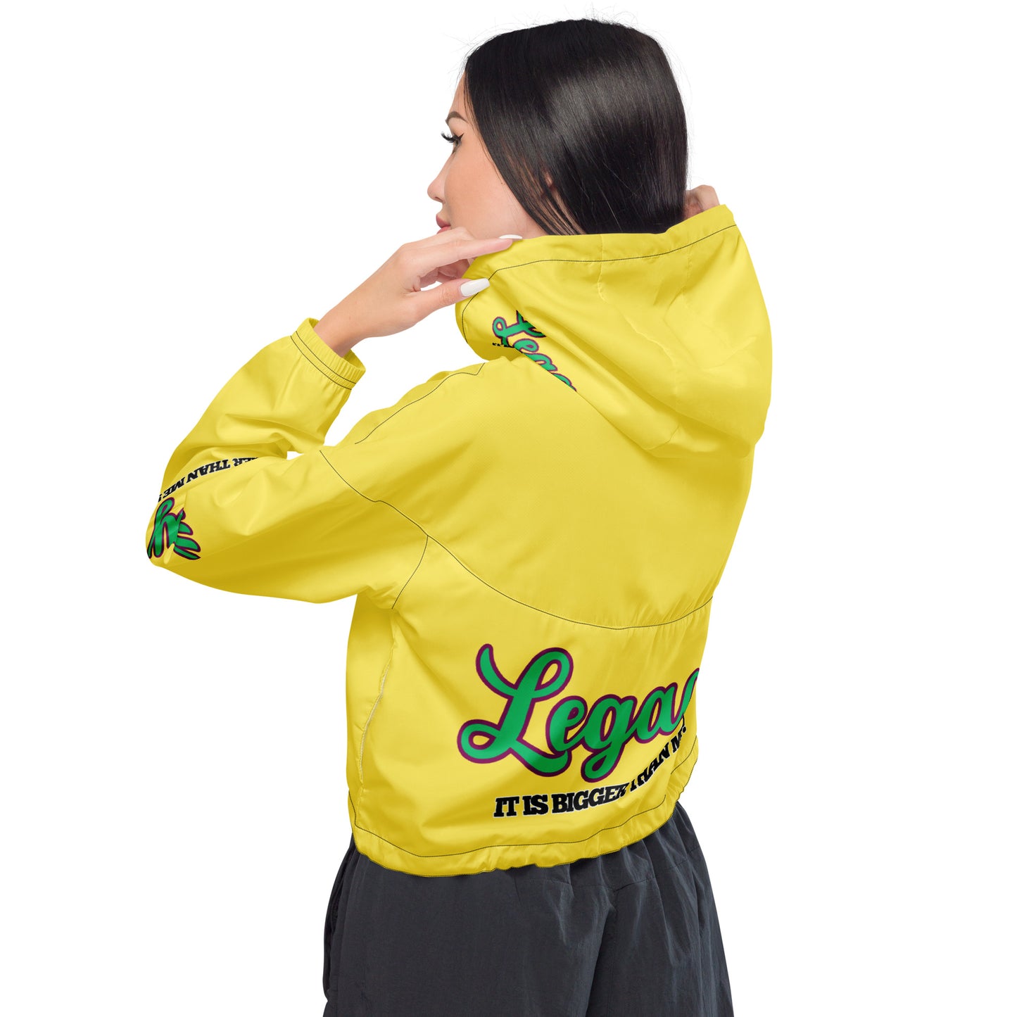 Women’s Cropped Windbreaker-LEGACY "It Is Bigger Than Me!" (GREEN ON YELLOW)