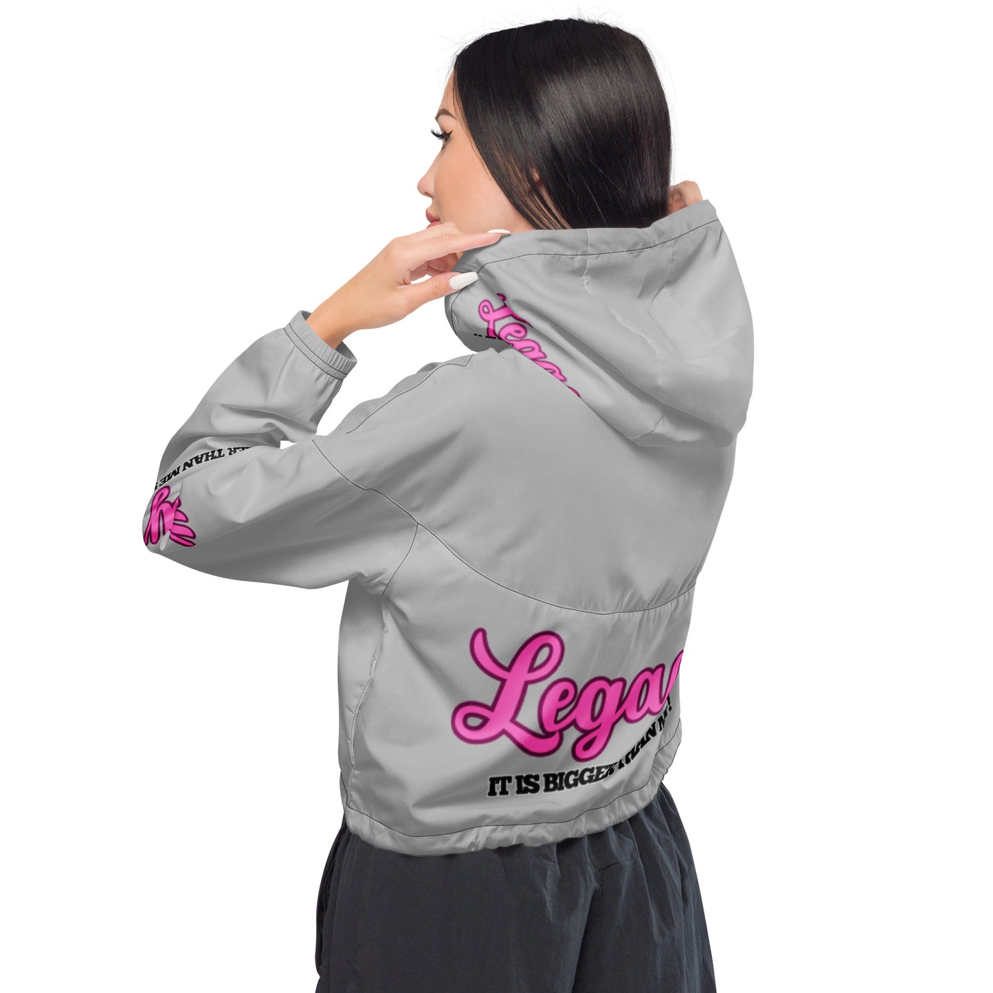 Women’s Cropped Windbreaker-LEGACY "It Is Bigger Than Me!" (PINK ON GREY)