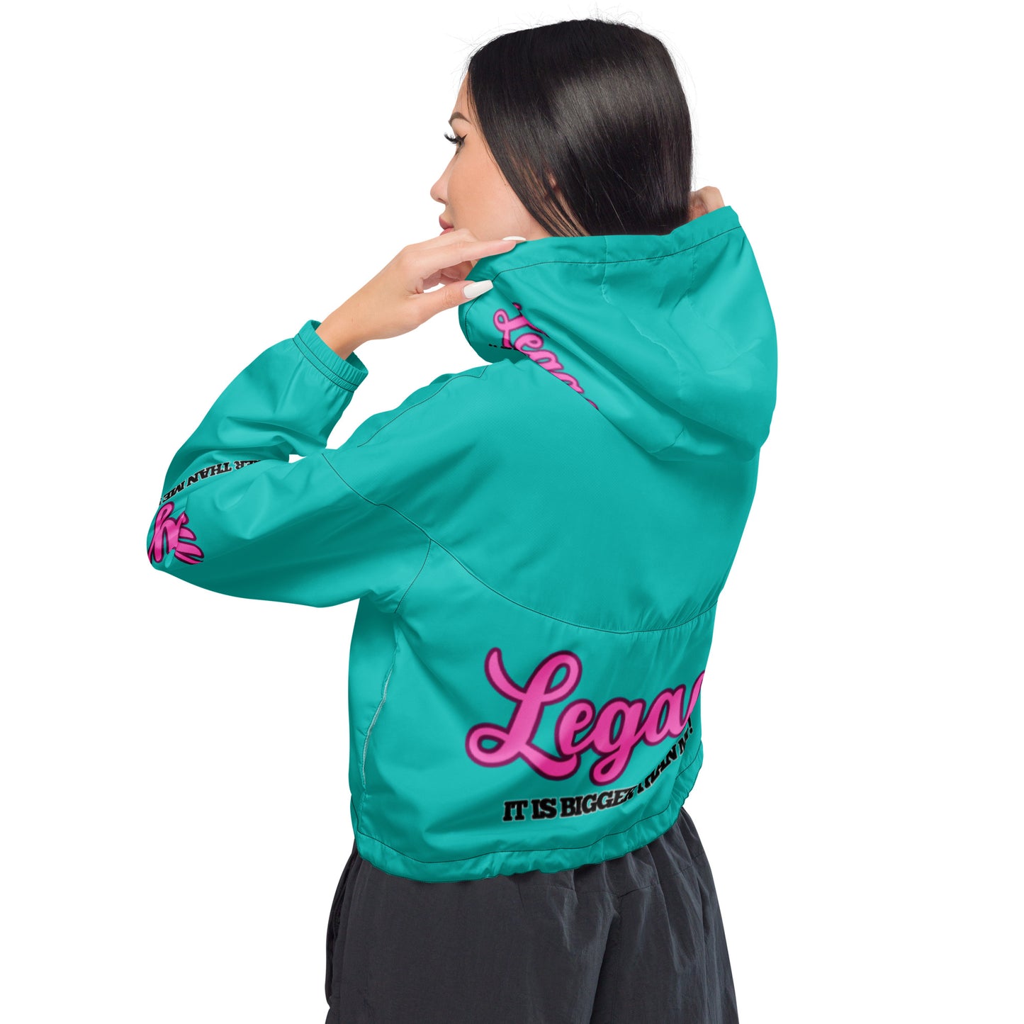 Women’s Cropped Windbreaker--LEGACY "It Is Bigger Than Me!" (PINK ON BLUE)