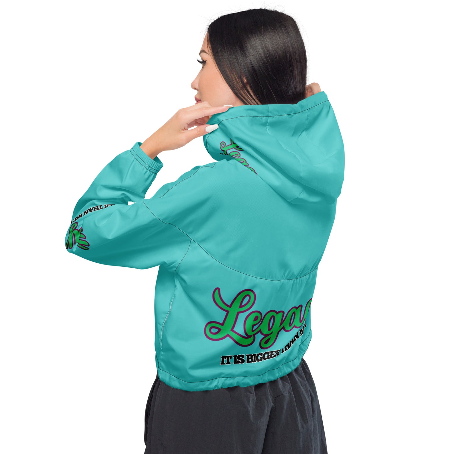 Women’s Cropped Windbreaker-LEGACY "It Is Bigger Than Me!" (GREEN 0N BLUE)