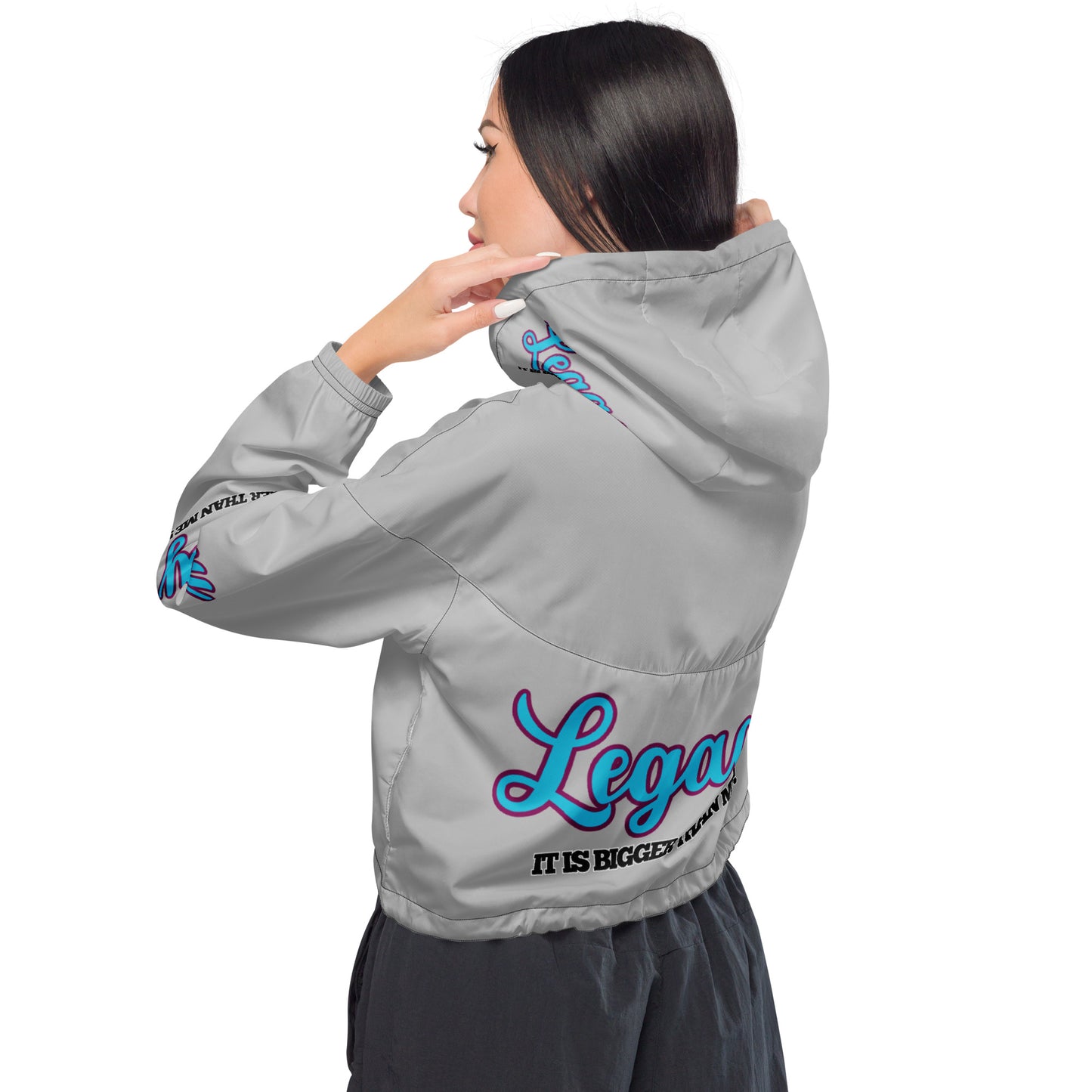 Women’s Cropped Windbreaker-LEGACY "It Is Bigger Than Me!" (BLUE ON GREY)