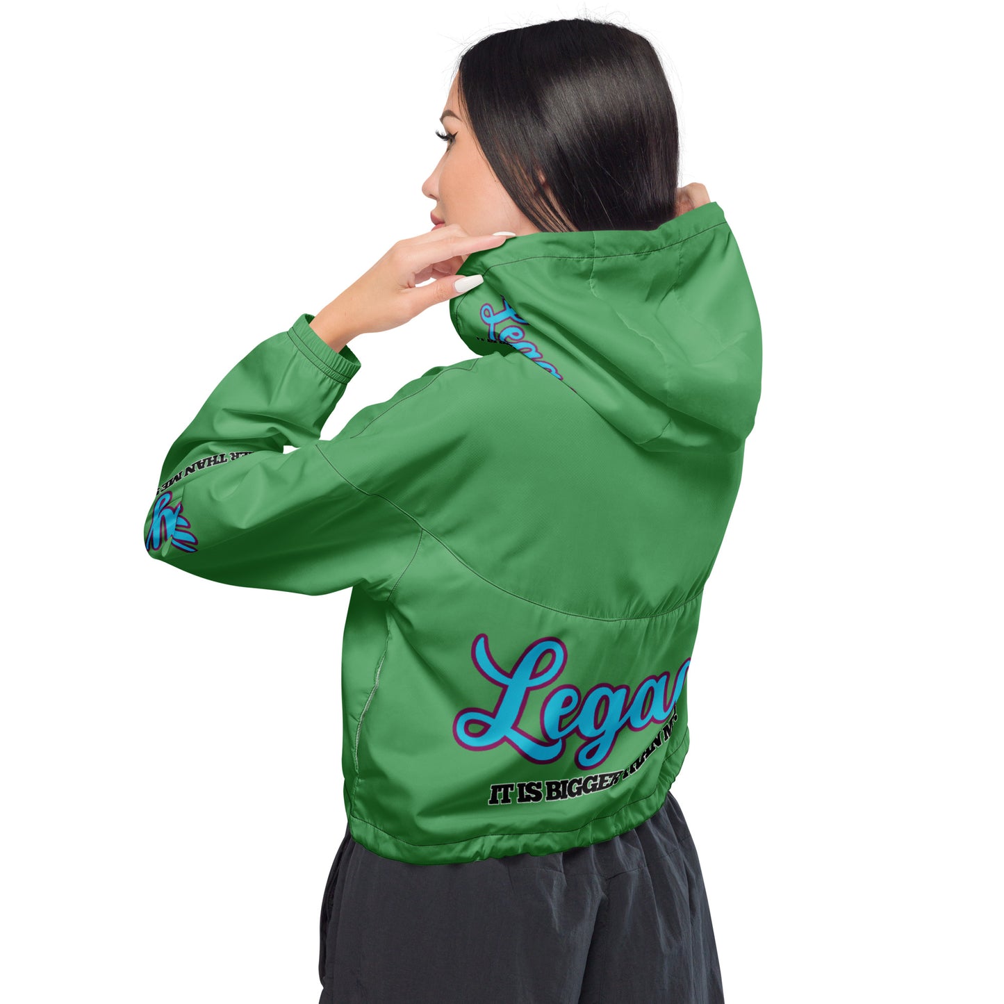 Women’s Cropped Windbreaker-LEGACY "It Is Bigger Than Me!" (BLUE ON GREEN)