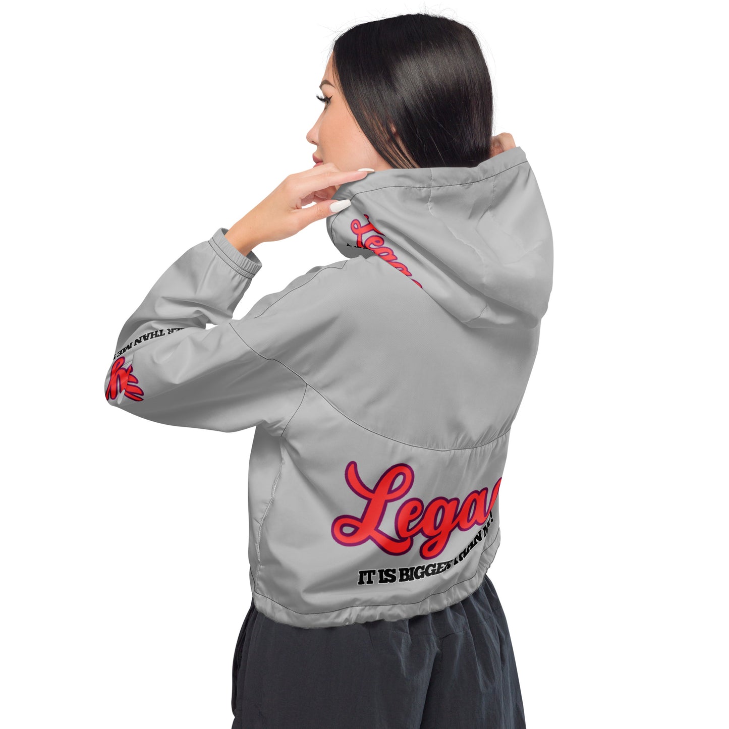 Women’s Cropped Windbreaker-LEGACY "It Is Bigger Than Me!" (RED ON GREY)