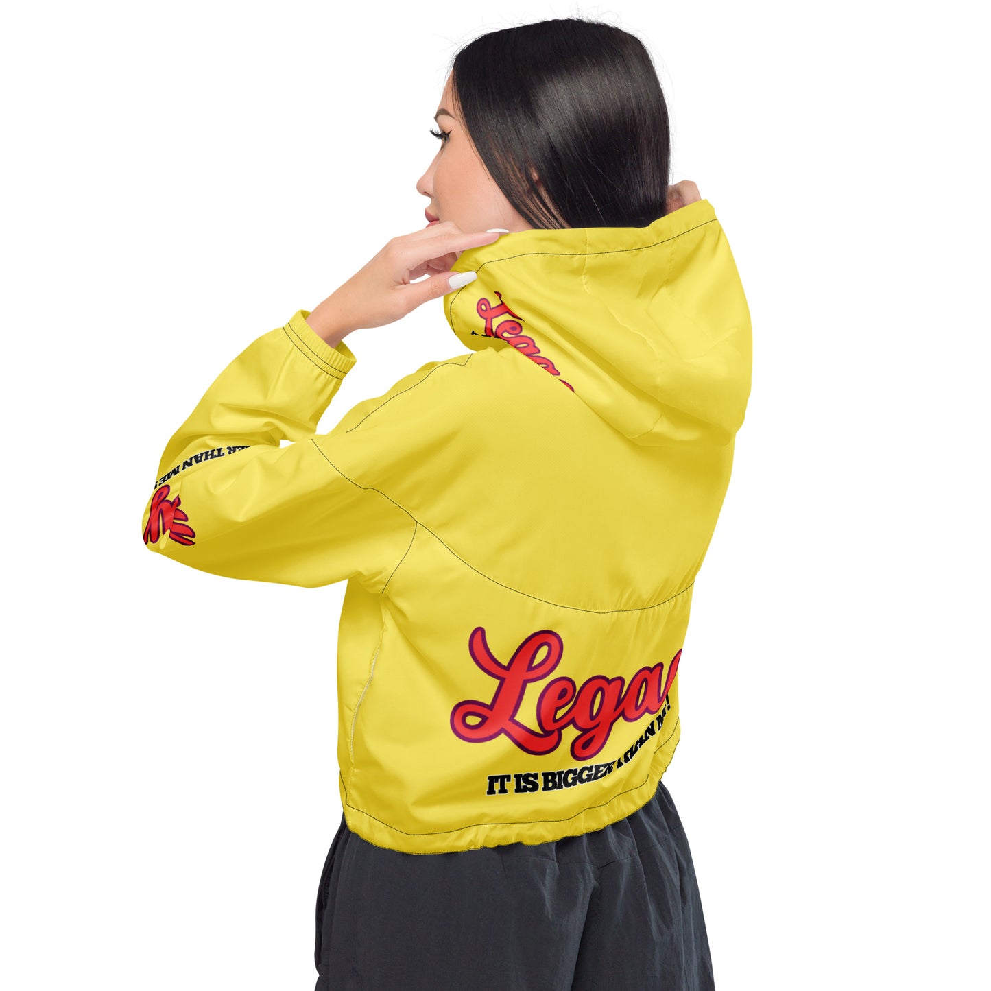 Women’s Cropped Windbreaker-LEGACY "It Is Bigger Than Me!" (RED ON YELLOW)