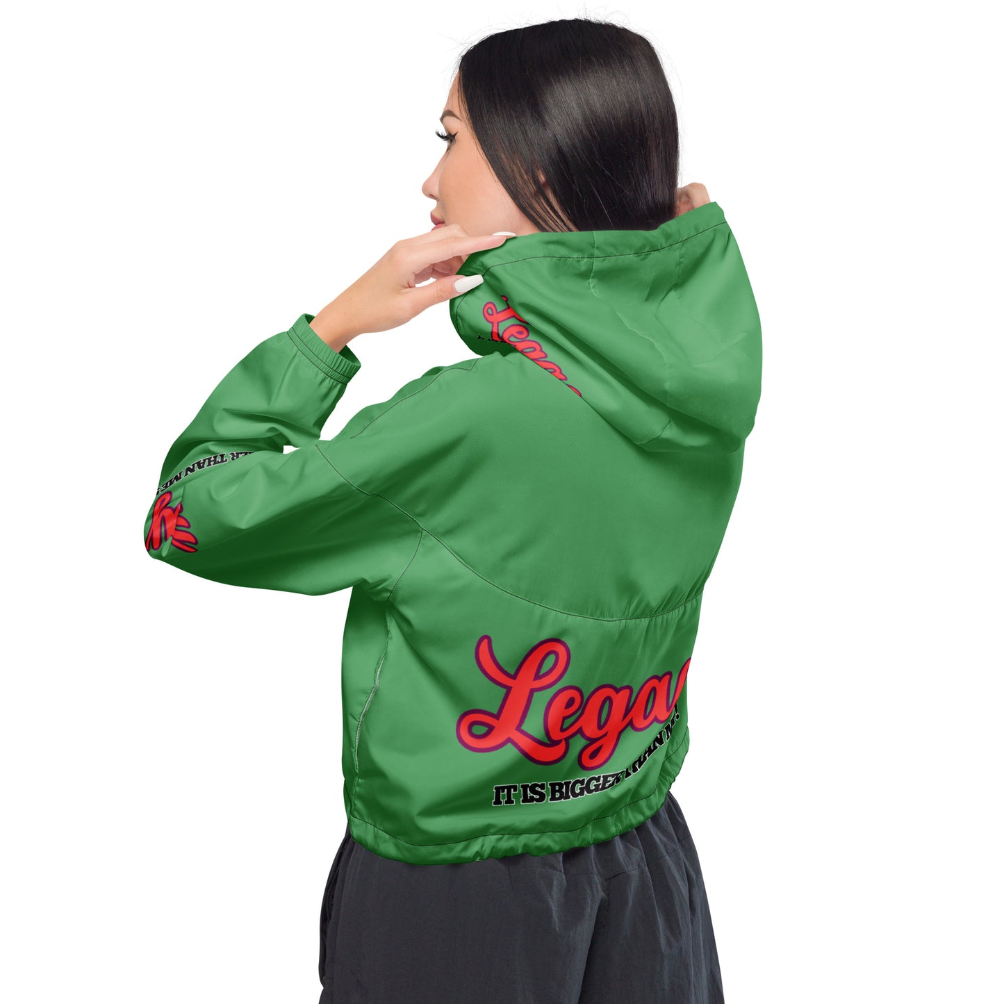 Women’s Cropped Windbreaker-LEGACY "It Is Bigger Than Me!" (RED ON GREEN)