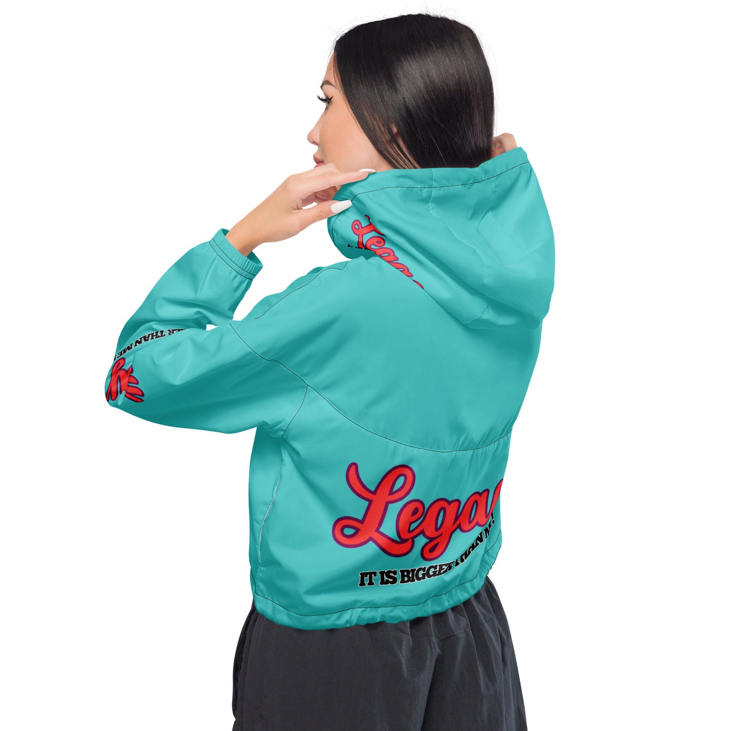 Women’s Cropped Windbreaker-LEGACY "It Is Bigger Than Me!" (RED ON BLUE)