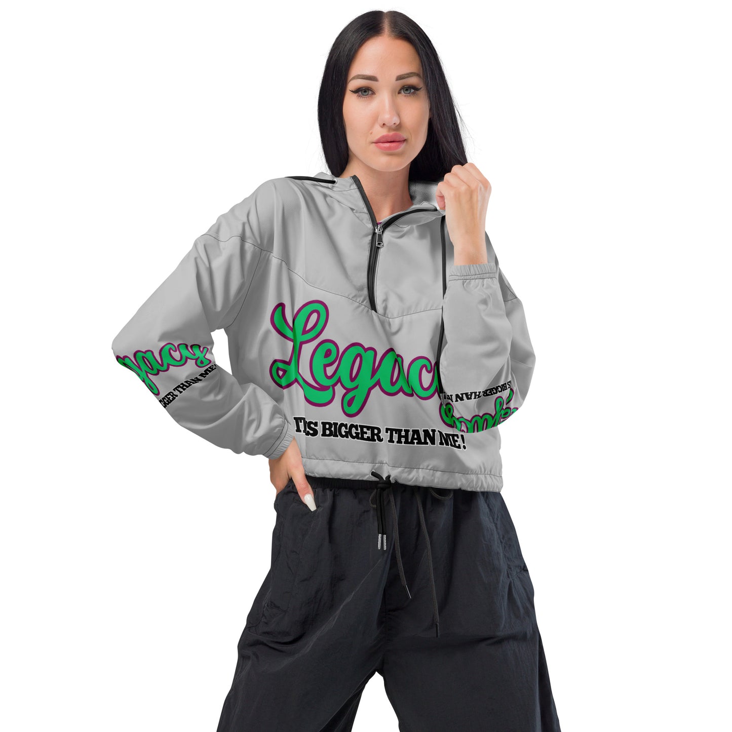 Women’s Cropped Windbreaker-LEGACY "It Is Bigger Than Me!" (GREEN ON GREY)