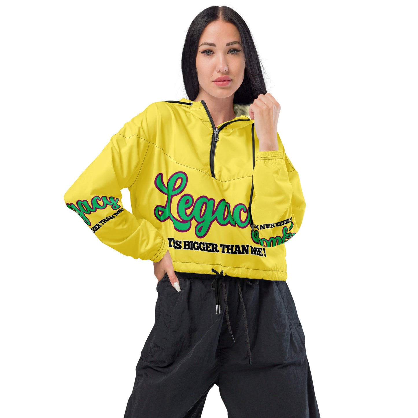 Women’s Cropped Windbreaker-LEGACY "It Is Bigger Than Me!" (GREEN ON YELLOW)