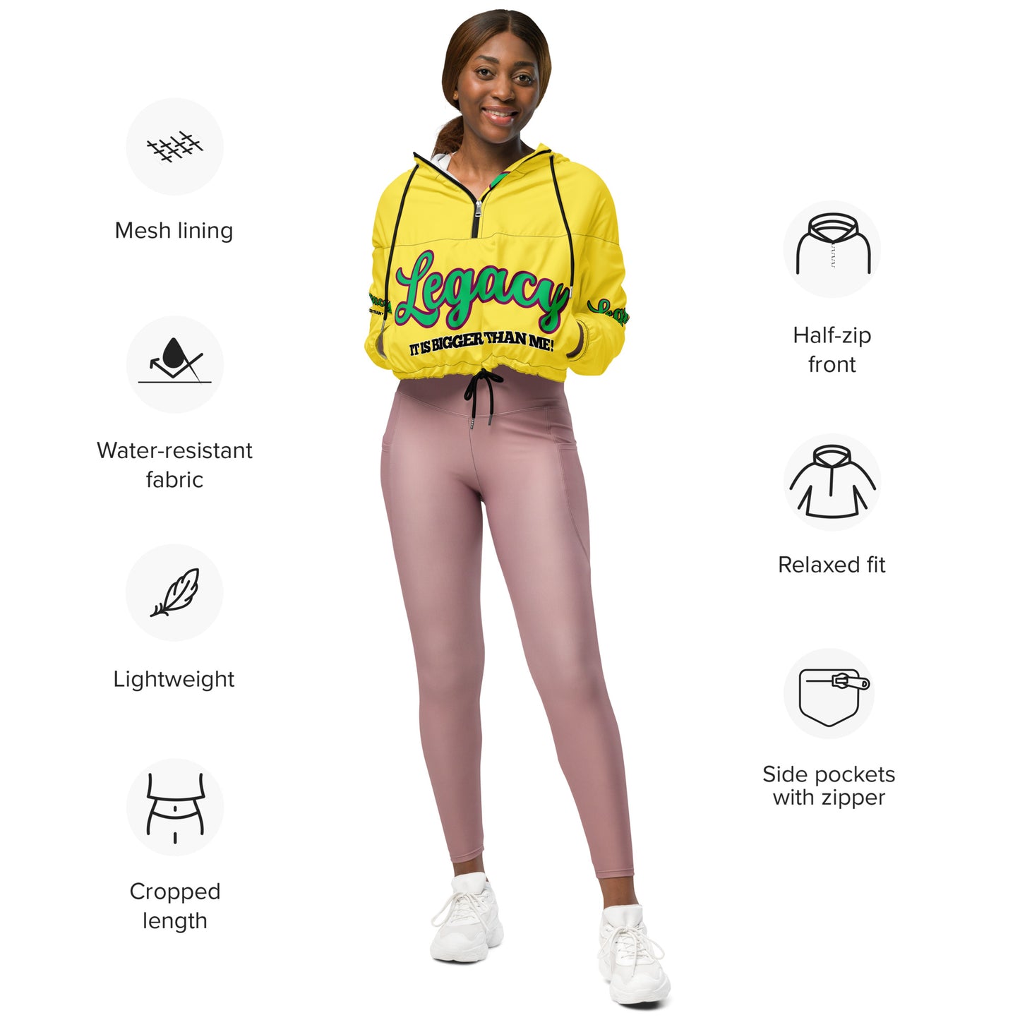 Women’s Cropped Windbreaker-LEGACY "It Is Bigger Than Me!" (GREEN ON YELLOW)