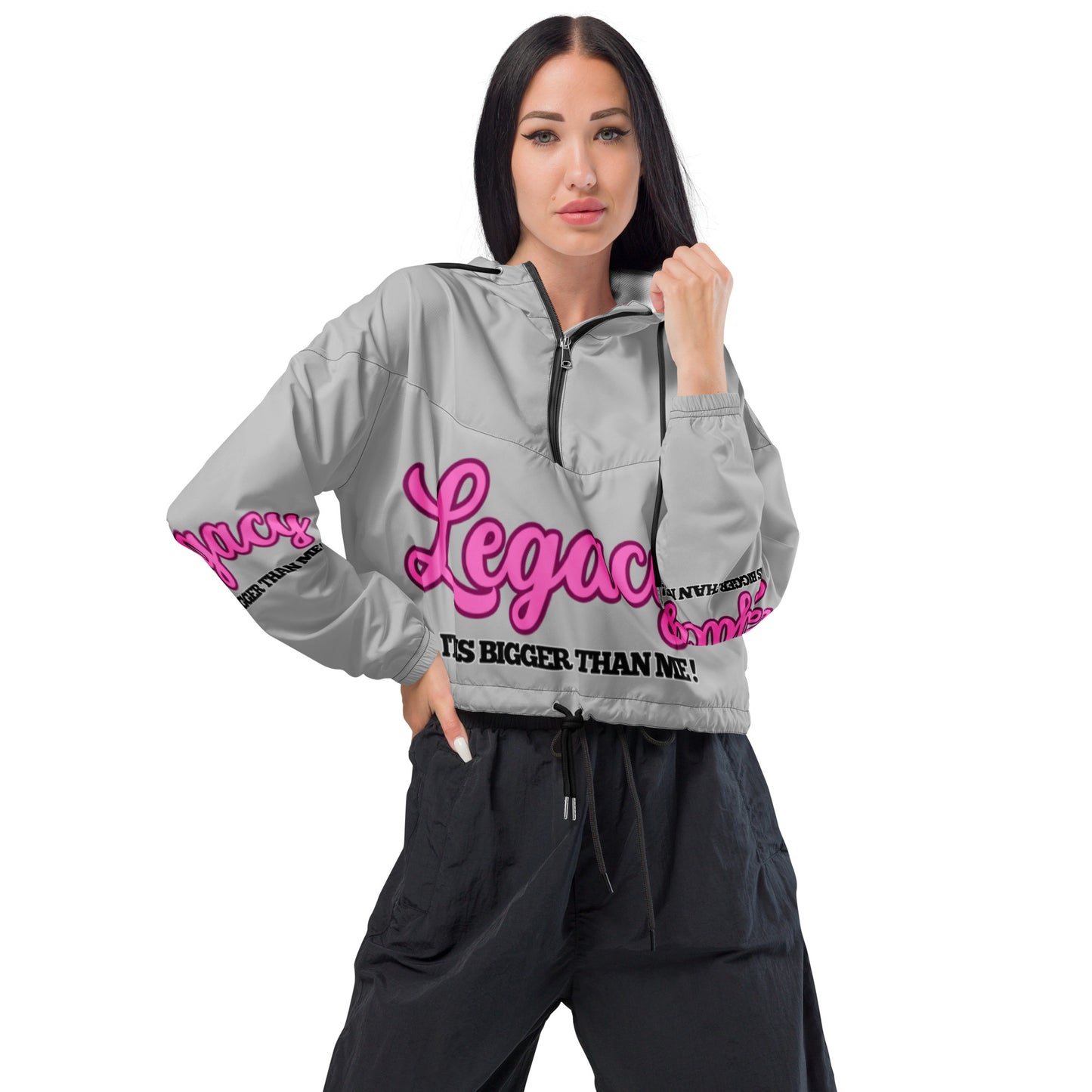 Women’s Cropped Windbreaker-LEGACY "It Is Bigger Than Me!" (PINK ON GREY)