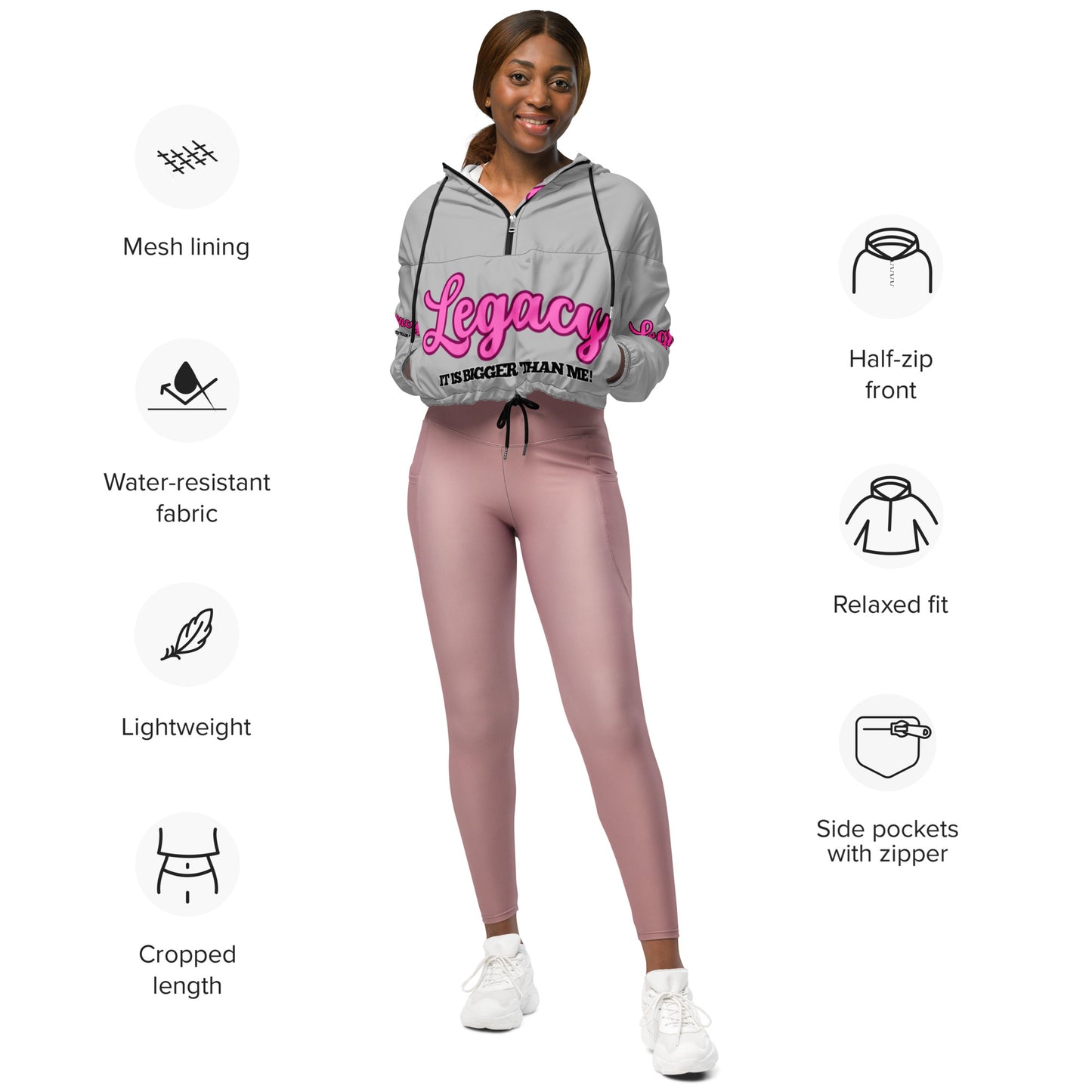 Women’s Cropped Windbreaker-LEGACY "It Is Bigger Than Me!" (PINK ON GREY)