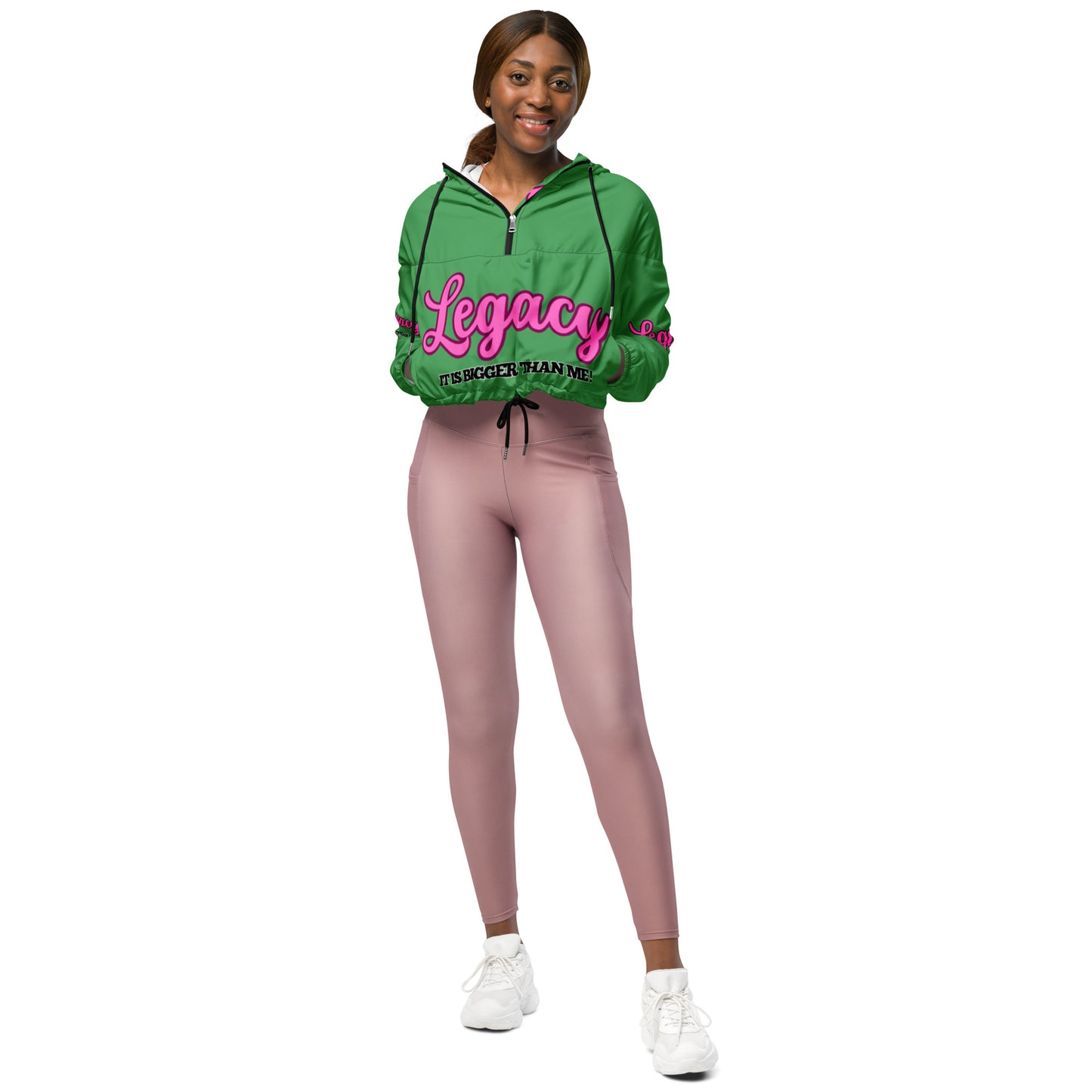 Women’s Cropped Windbreaker-LEGACY "It Is Bigger Than Me!" (PINK ON GREEN)