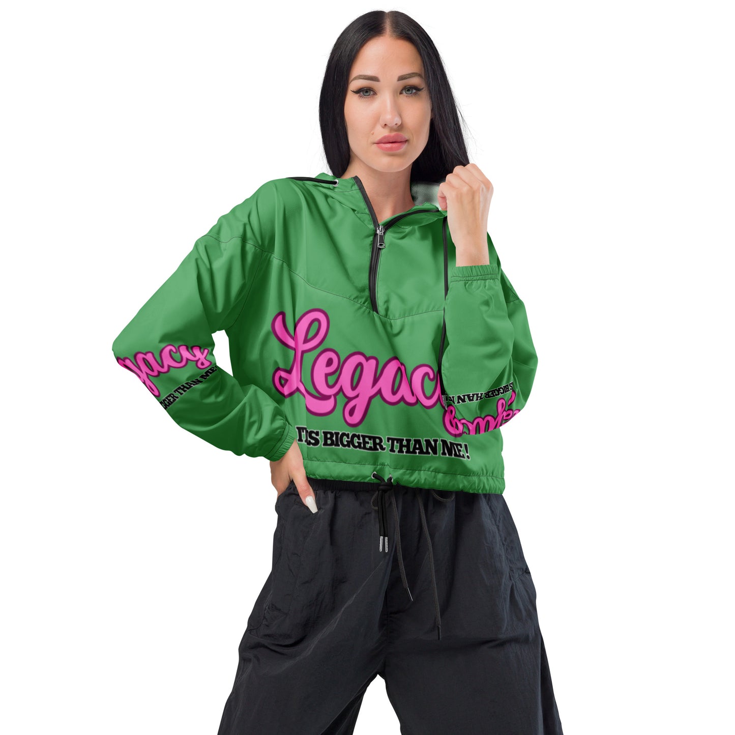 Women’s Cropped Windbreaker-LEGACY "It Is Bigger Than Me!" (PINK ON GREEN)