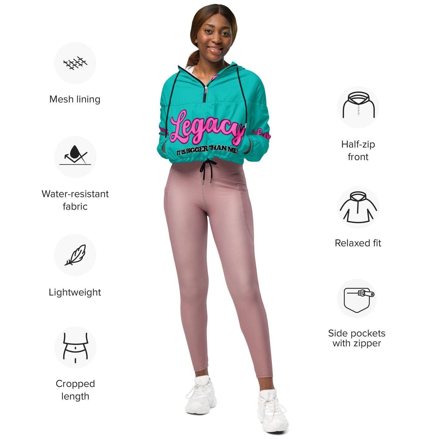 Women’s Cropped Windbreaker--LEGACY "It Is Bigger Than Me!" (PINK ON BLUE)