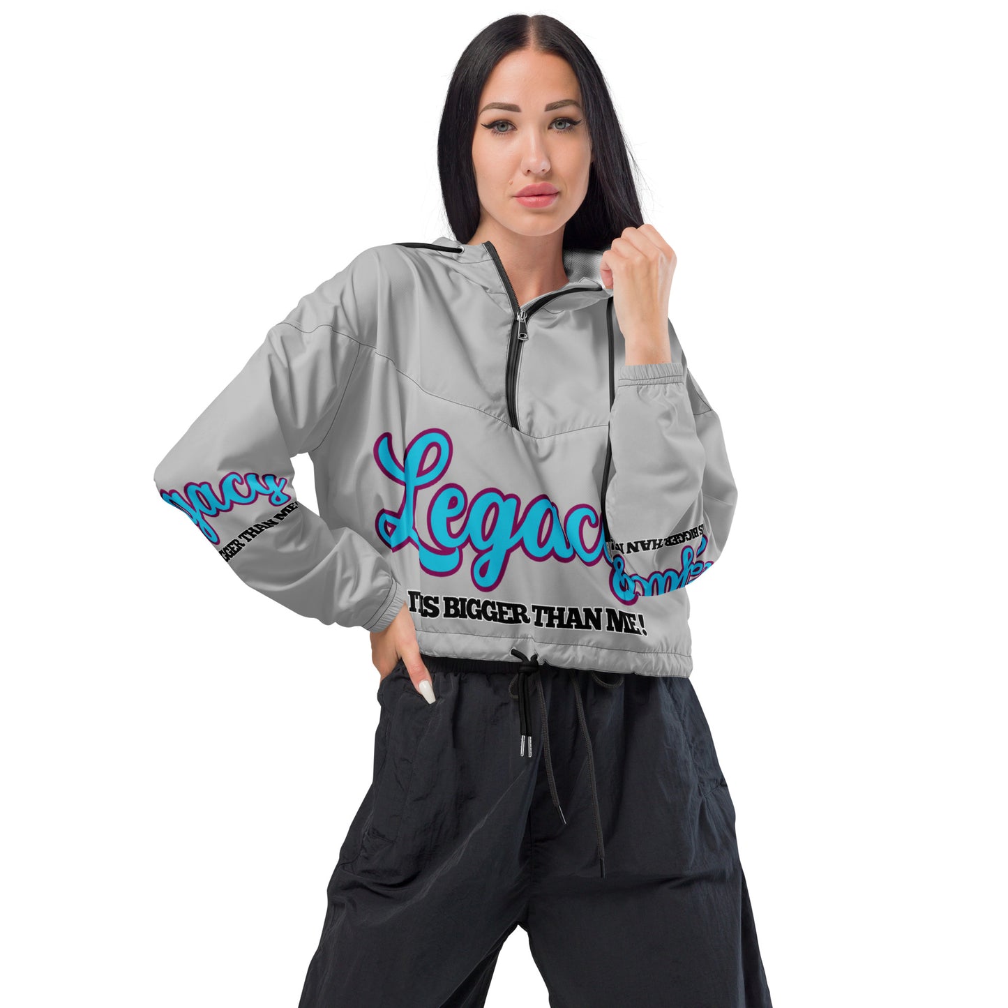 Women’s Cropped Windbreaker-LEGACY "It Is Bigger Than Me!" (BLUE ON GREY)