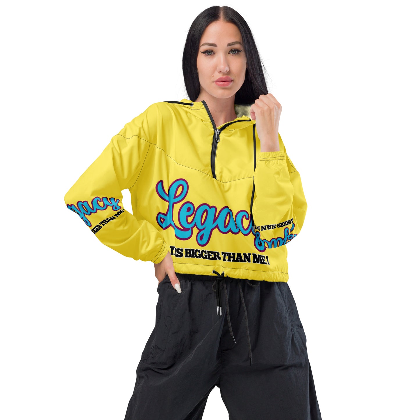 Women’s Cropped Windbreaker-LEGACY "It Is Bigger Than Me!" (BLUE ON YELLOW)