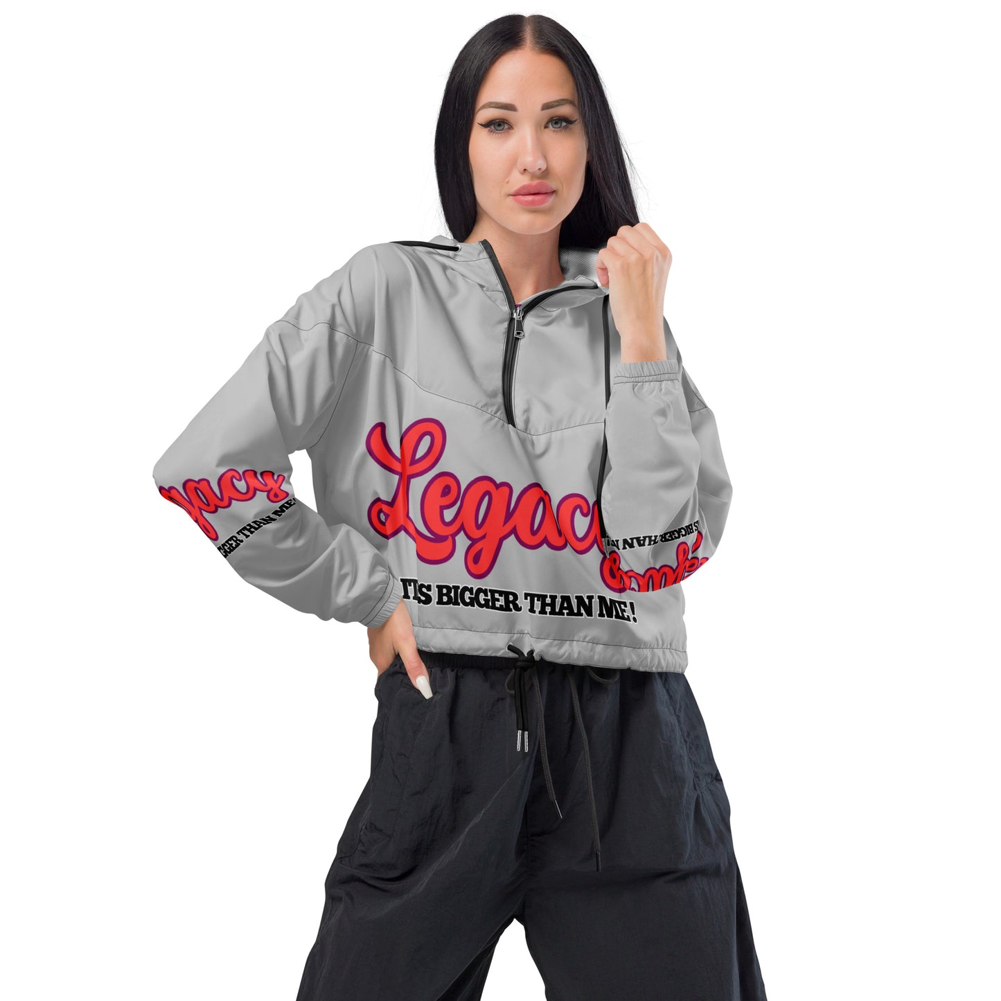 Women’s Cropped Windbreaker-LEGACY "It Is Bigger Than Me!" (RED ON GREY)