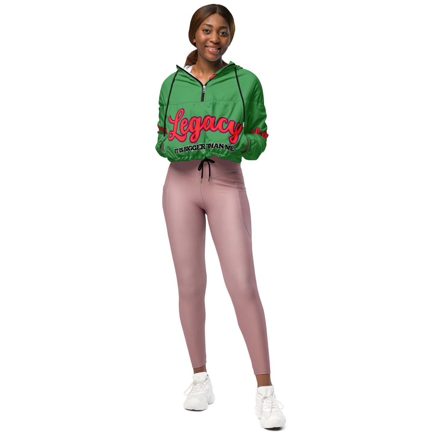 Women’s Cropped Windbreaker-LEGACY "It Is Bigger Than Me!" (RED ON GREEN)