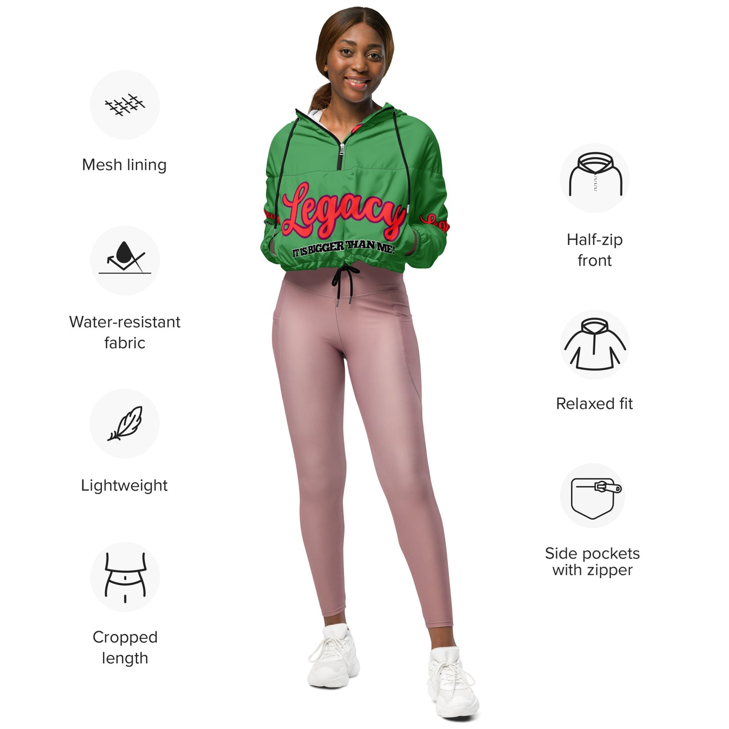 Women’s Cropped Windbreaker-LEGACY "It Is Bigger Than Me!" (RED ON GREEN)