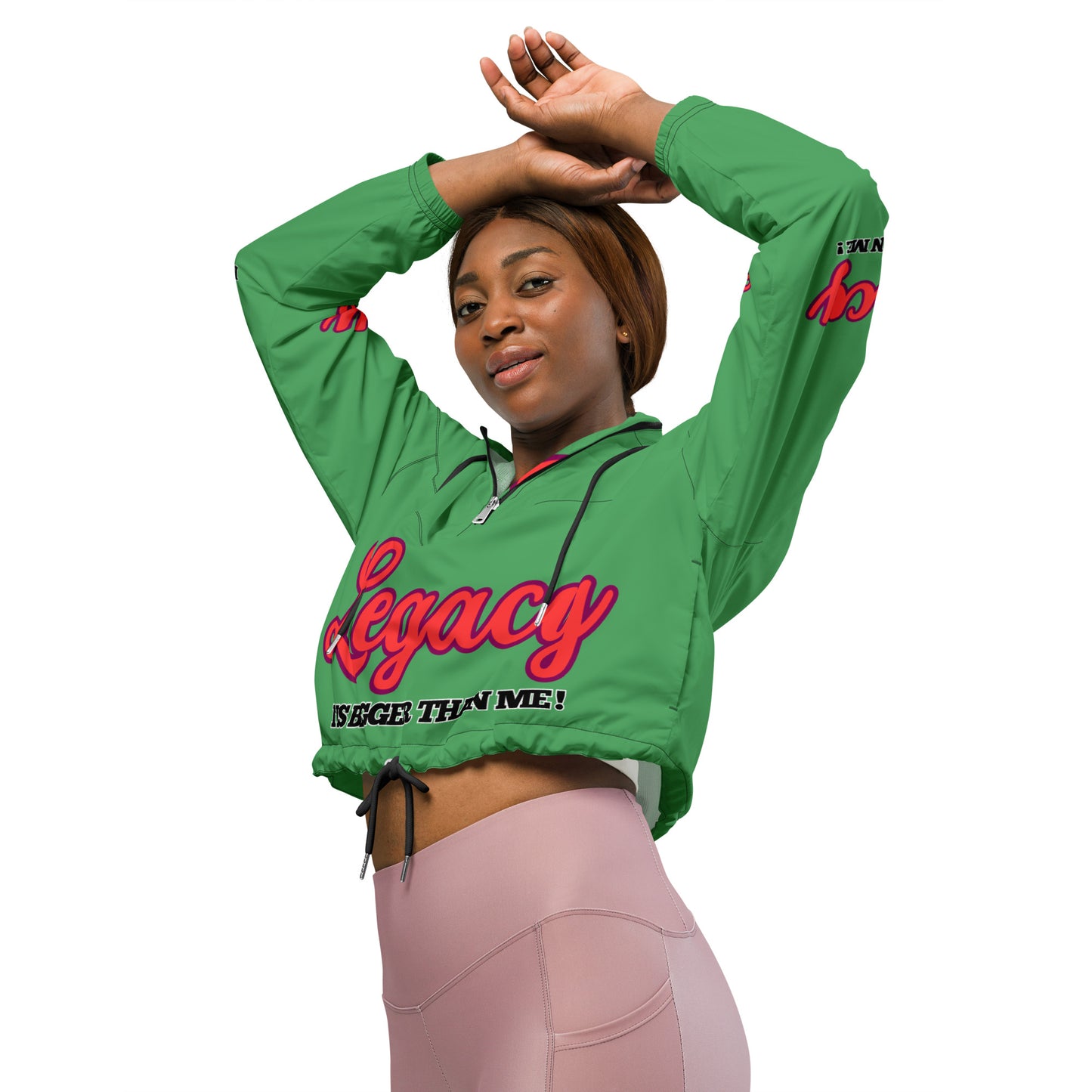 Women’s Cropped Windbreaker-LEGACY "It Is Bigger Than Me!" (RED ON GREEN)