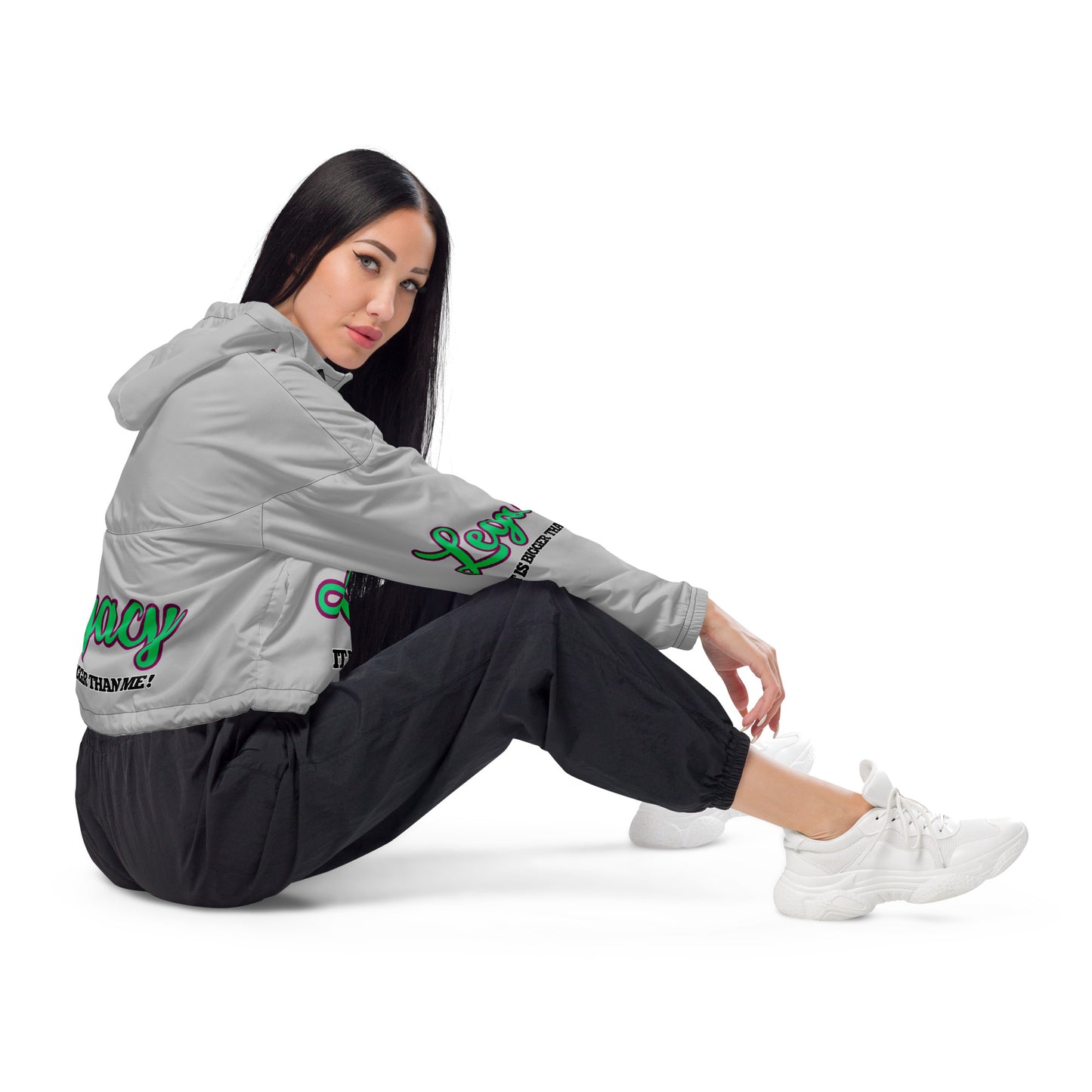 Women’s Cropped Windbreaker-LEGACY "It Is Bigger Than Me!" (GREEN ON GREY)