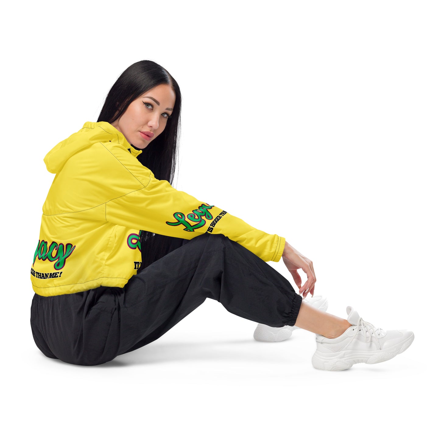 Women’s Cropped Windbreaker-LEGACY "It Is Bigger Than Me!" (GREEN ON YELLOW)