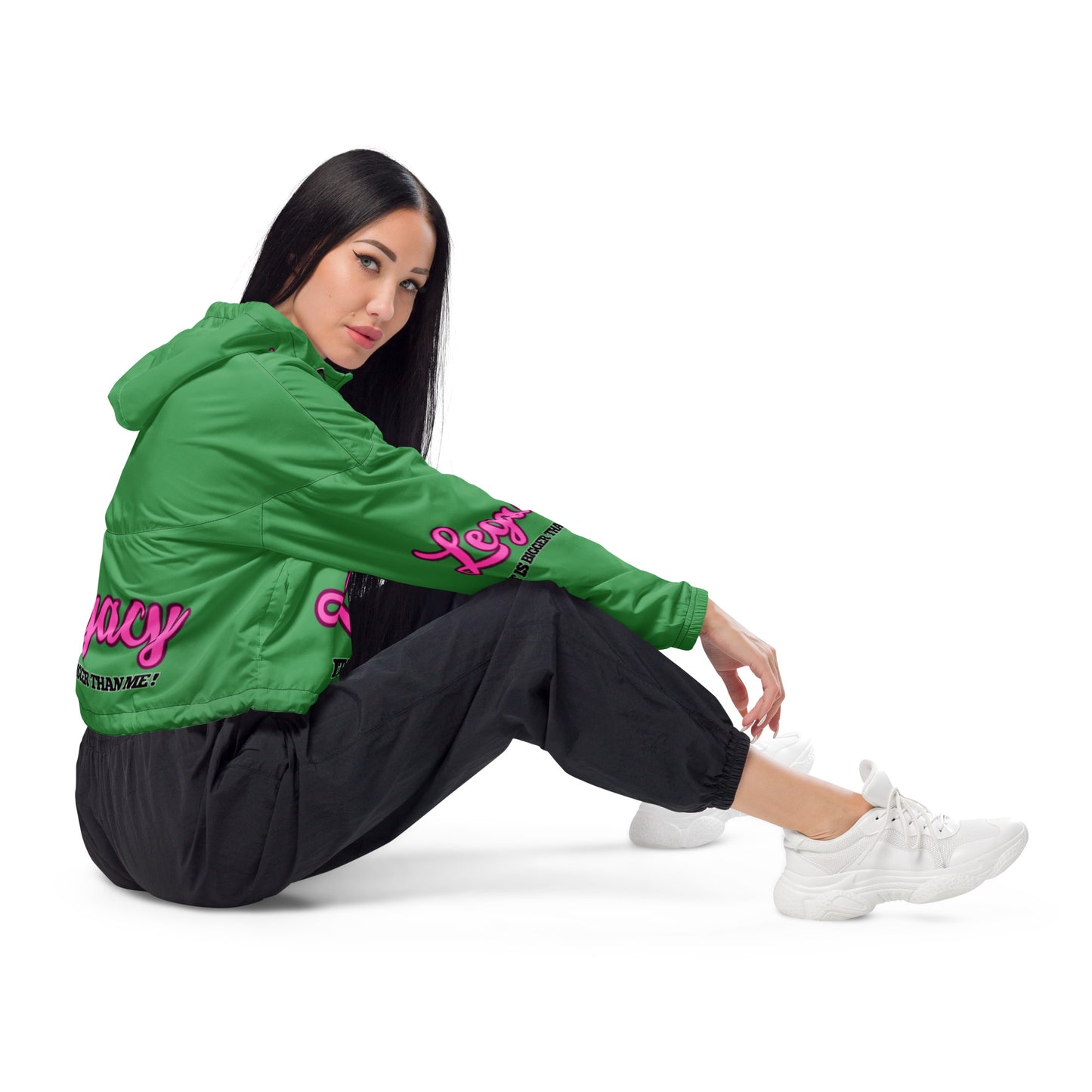 Women’s Cropped Windbreaker-LEGACY "It Is Bigger Than Me!" (PINK ON GREEN)