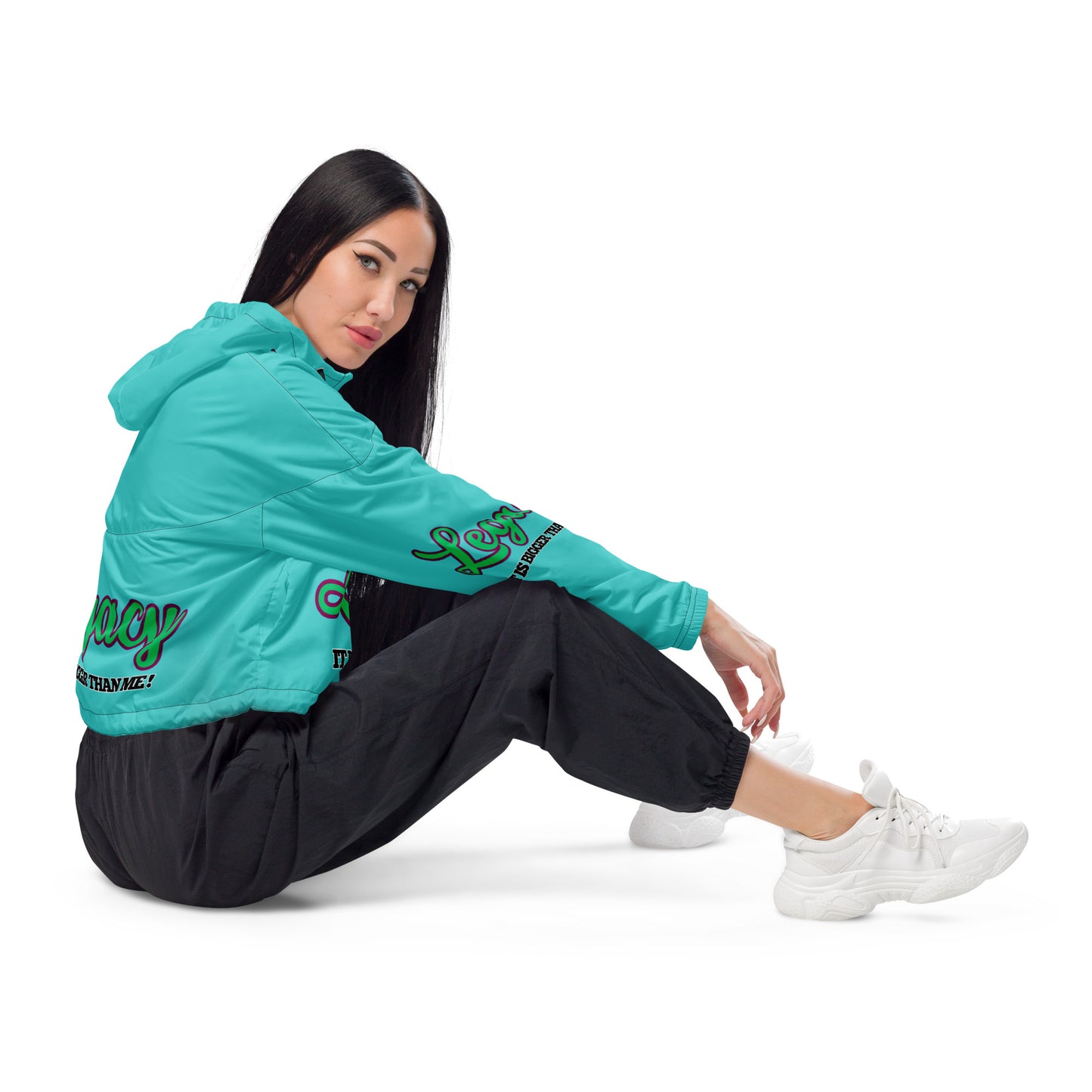 Women’s Cropped Windbreaker-LEGACY "It Is Bigger Than Me!" (GREEN 0N BLUE)