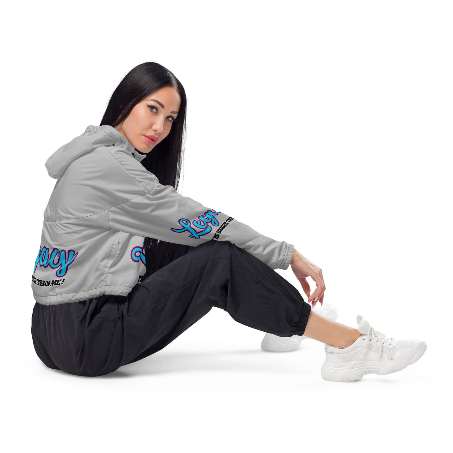 Women’s Cropped Windbreaker-LEGACY "It Is Bigger Than Me!" (BLUE ON GREY)