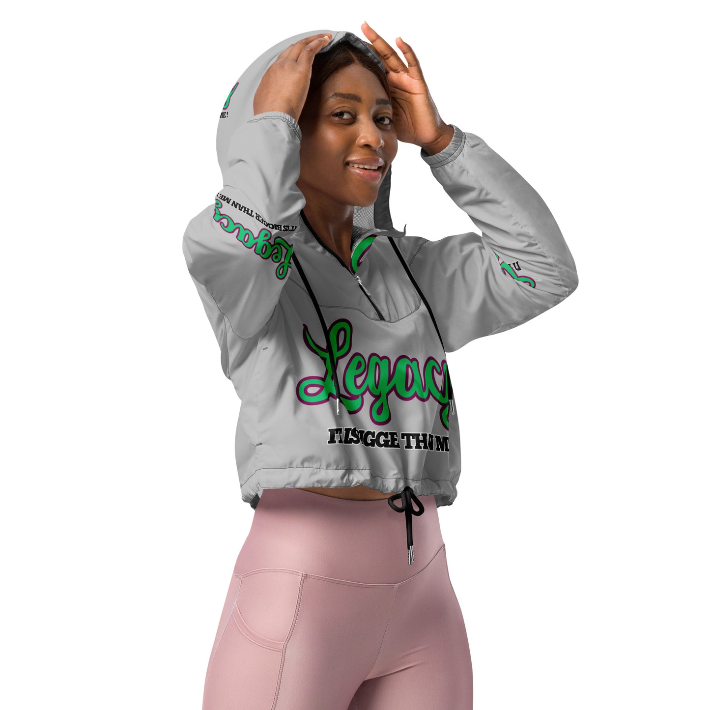 Women’s Cropped Windbreaker-LEGACY "It Is Bigger Than Me!" (GREEN ON GREY)