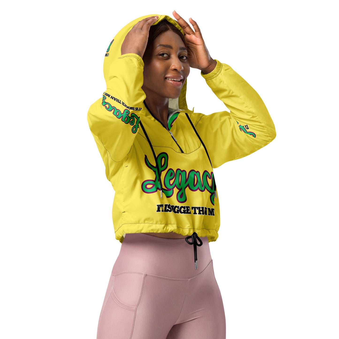 Women’s Cropped Windbreaker-LEGACY "It Is Bigger Than Me!" (GREEN ON YELLOW)