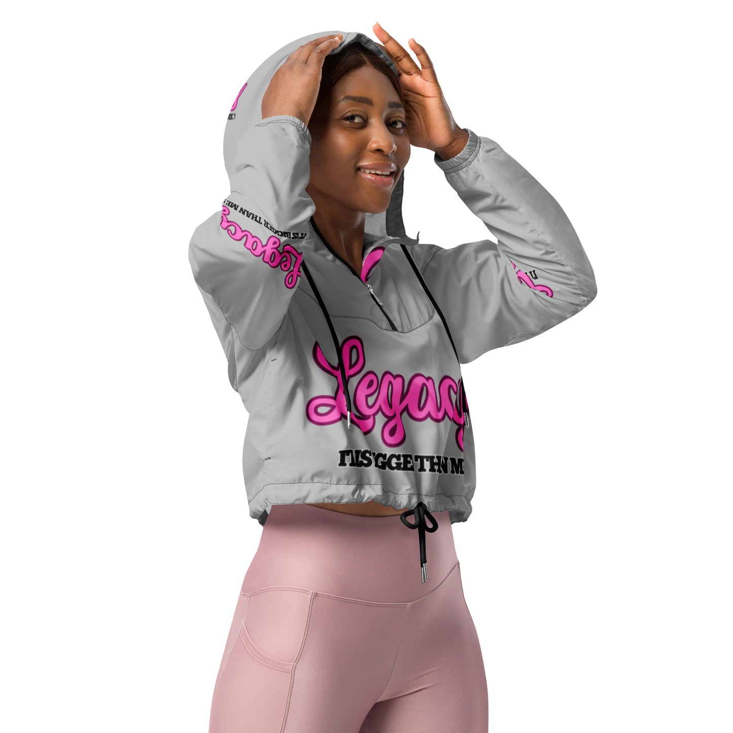 Women’s Cropped Windbreaker-LEGACY "It Is Bigger Than Me!" (PINK ON GREY)