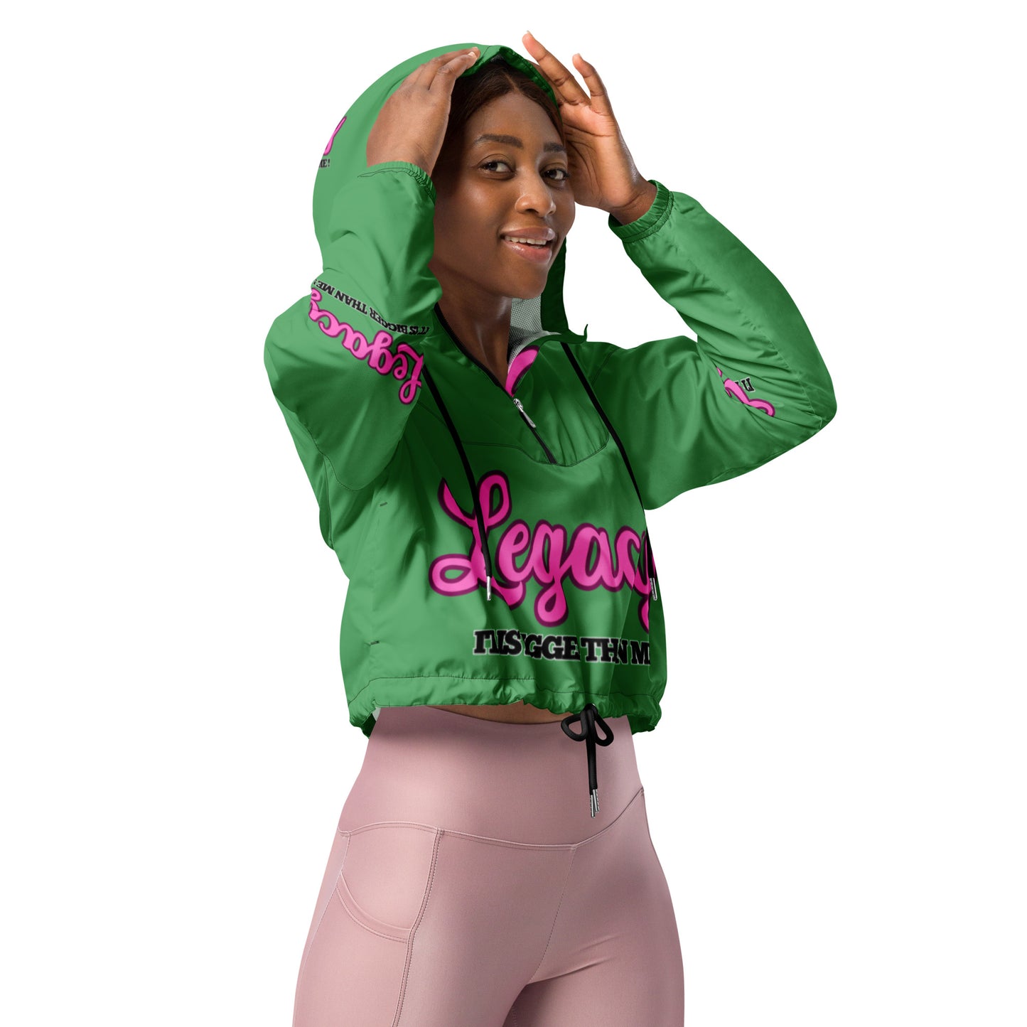 Women’s Cropped Windbreaker-LEGACY "It Is Bigger Than Me!" (PINK ON GREEN)