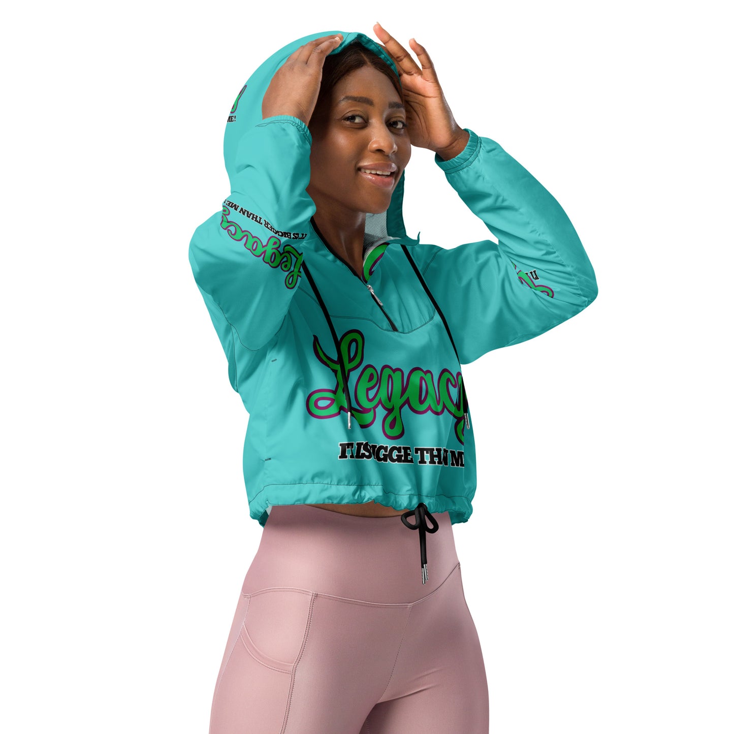 Women’s Cropped Windbreaker-LEGACY "It Is Bigger Than Me!" (GREEN 0N BLUE)