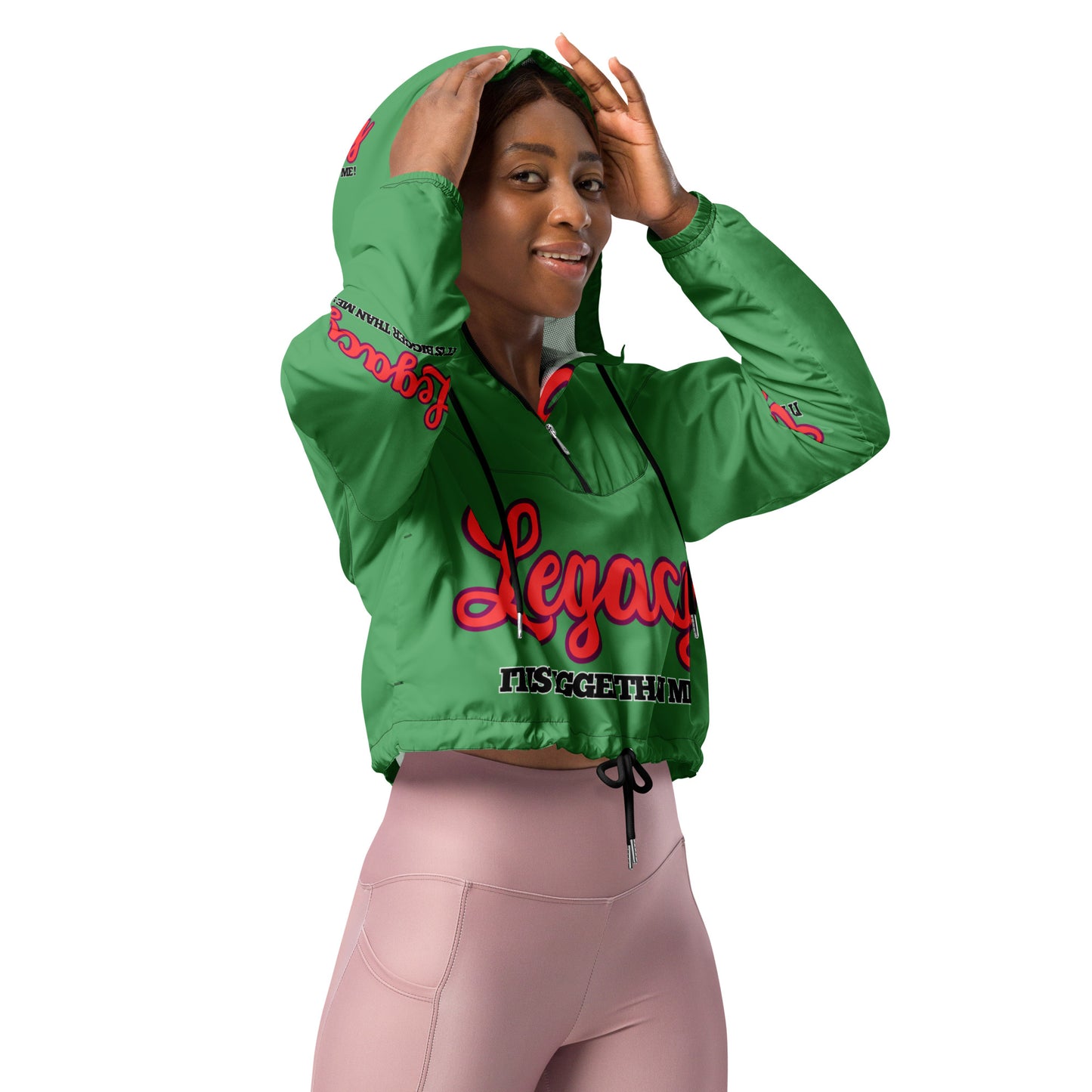 Women’s Cropped Windbreaker-LEGACY "It Is Bigger Than Me!" (RED ON GREEN)