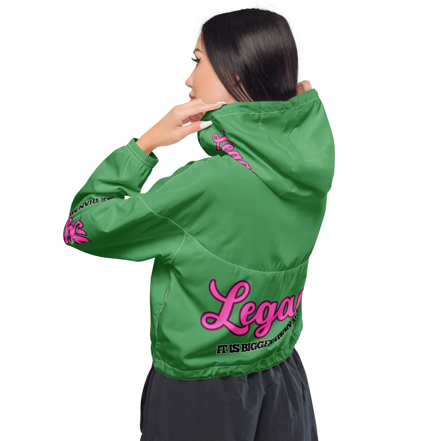 Women’s Cropped Windbreaker-LEGACY "It Is Bigger Than Me!" (PINK ON GREEN)