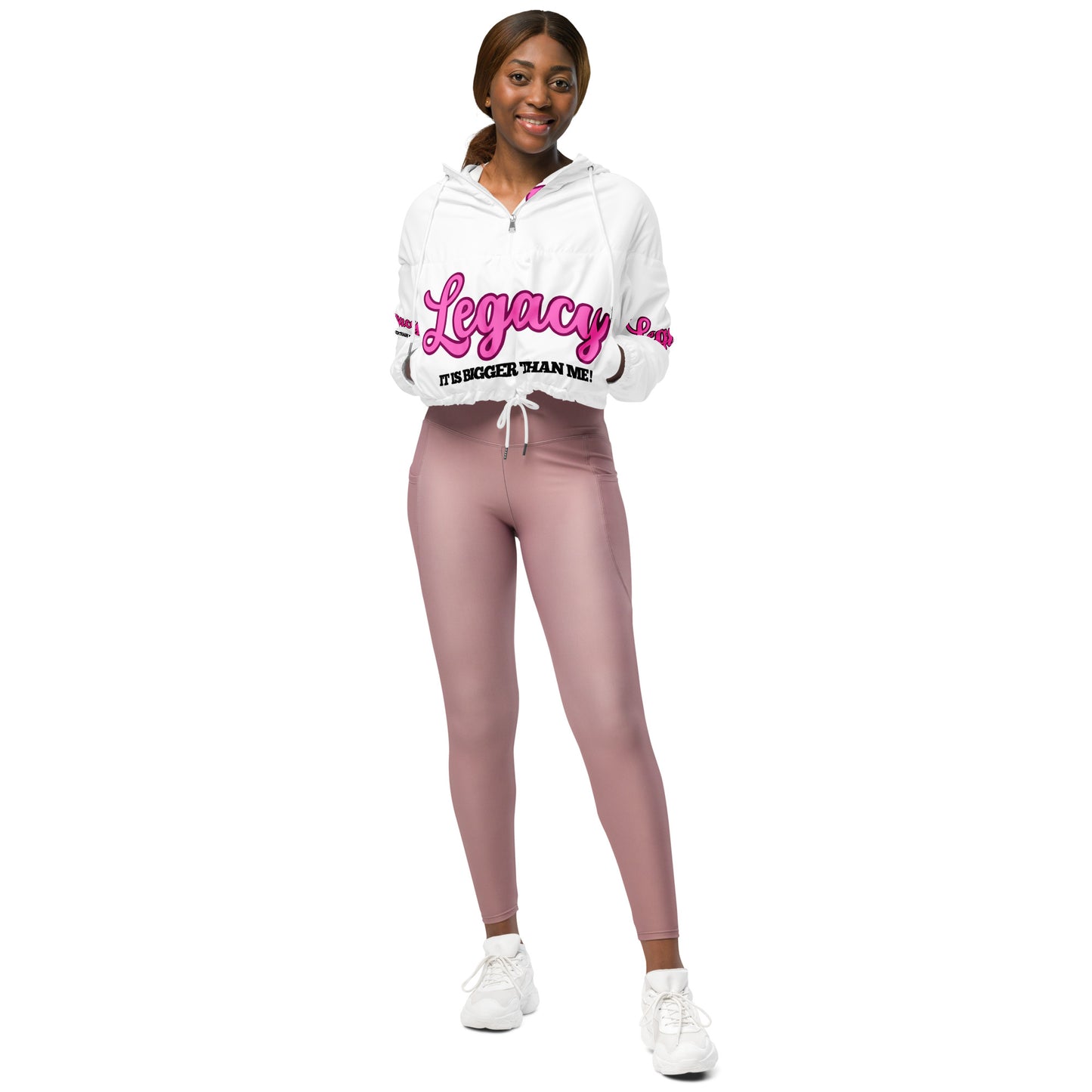 Women’s Cropped Windbreaker-LEGACY "It Is Bigger Than Me!" (PINK ON WHITE)