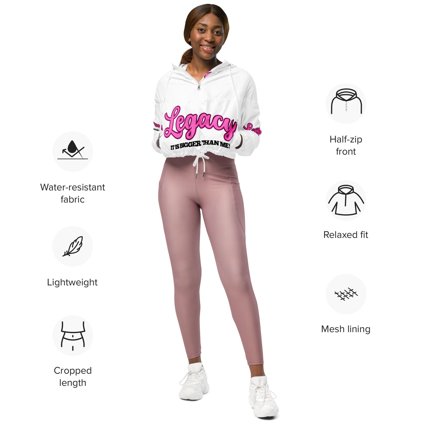 Women’s Cropped Windbreaker-LEGACY "It Is Bigger Than Me!" (PINK ON WHITE)