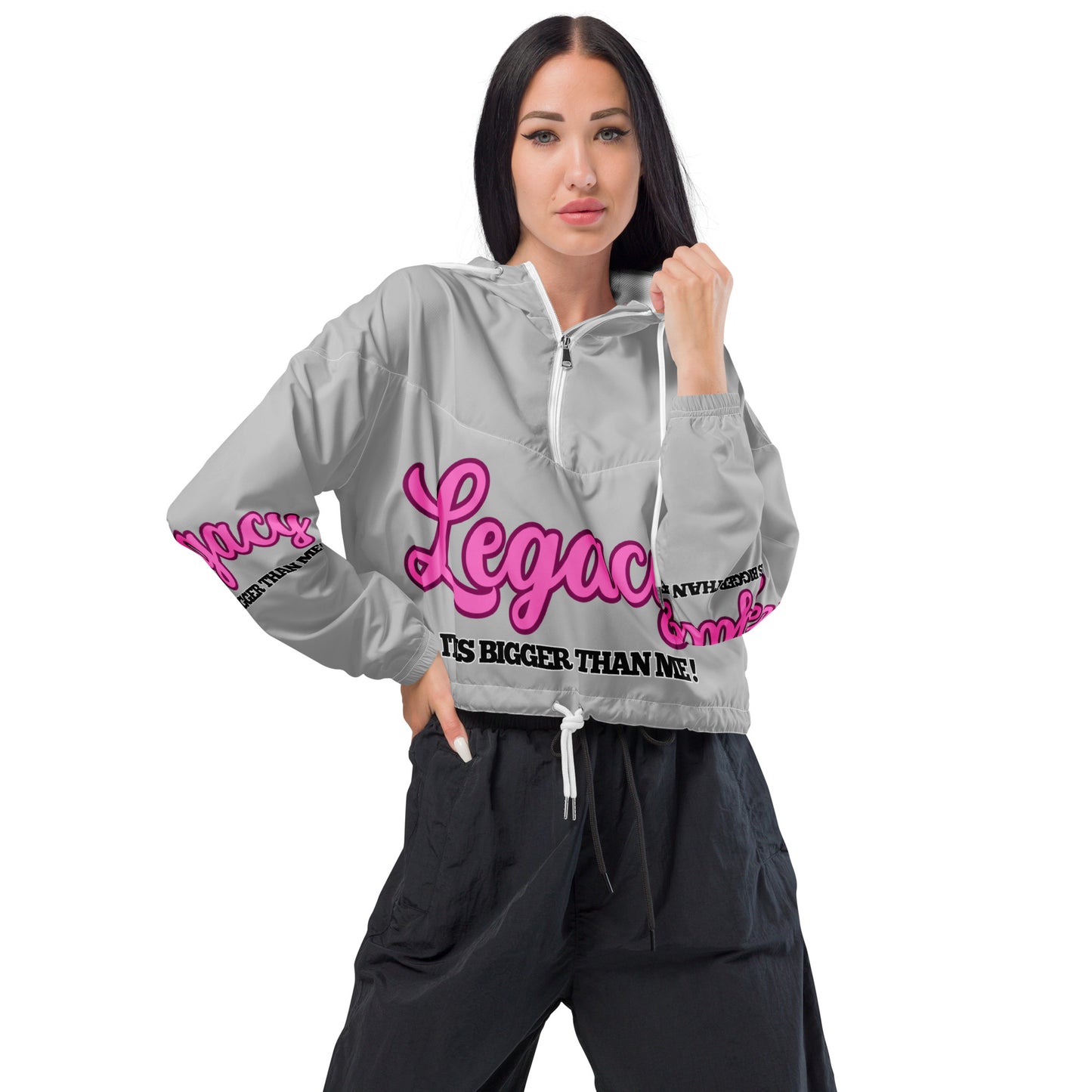 Women’s Cropped Windbreaker-LEGACY "It Is Bigger Than Me!" (PINK ON SILVER)