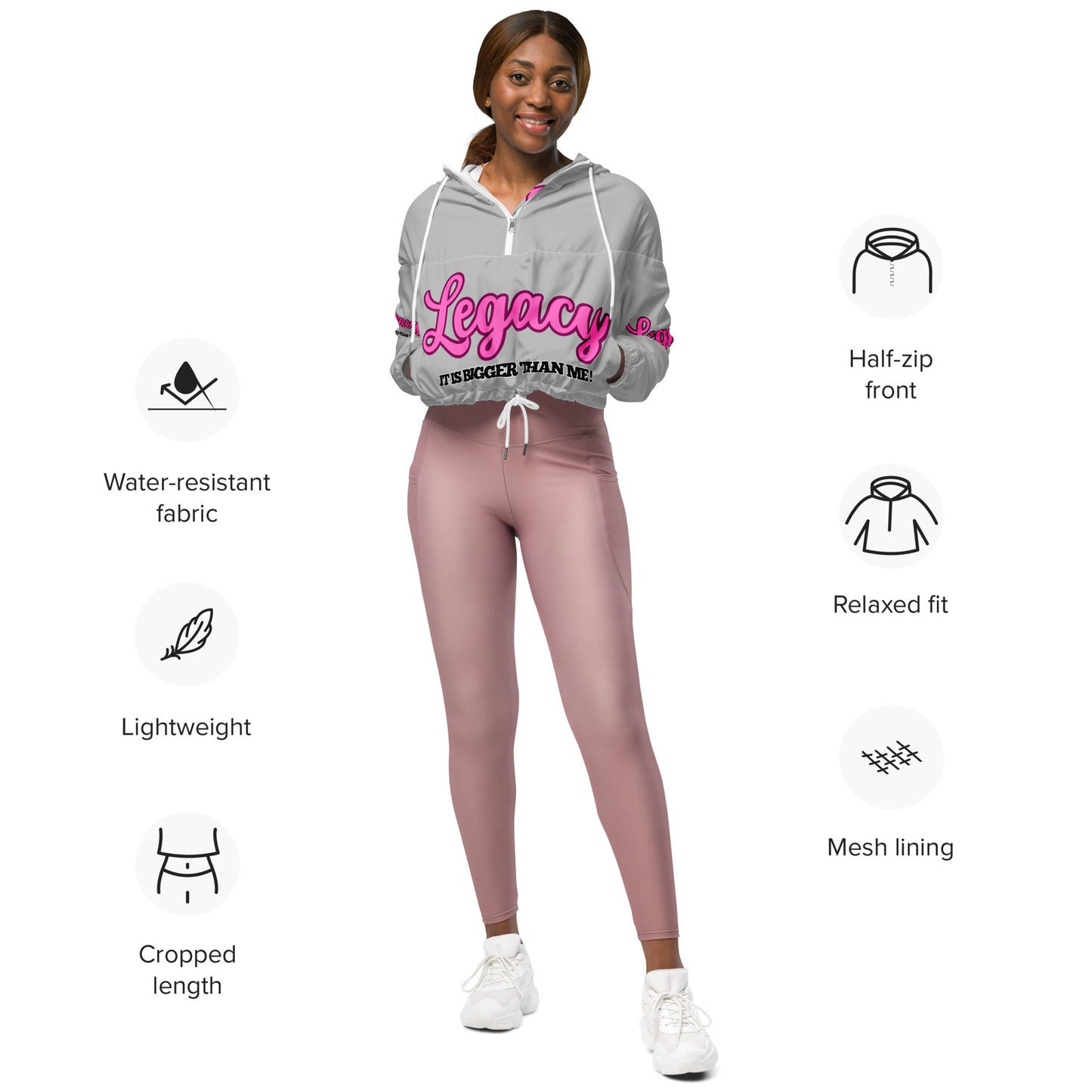 Women’s Cropped Windbreaker-LEGACY "It Is Bigger Than Me!" (PINK ON SILVER)