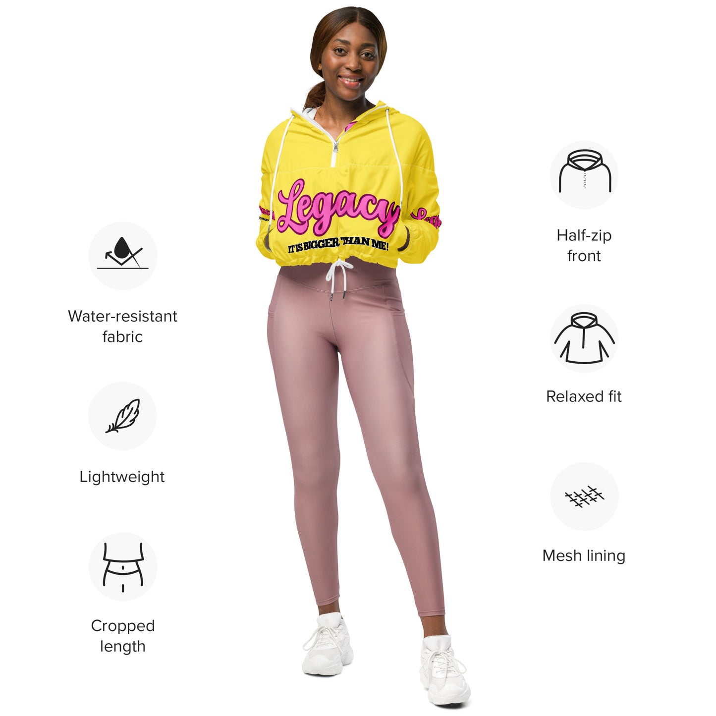 Women’s Cropped Windbreaker-LEGACY "It Is Bigger Than Me!" (PINK ON YELLOW)