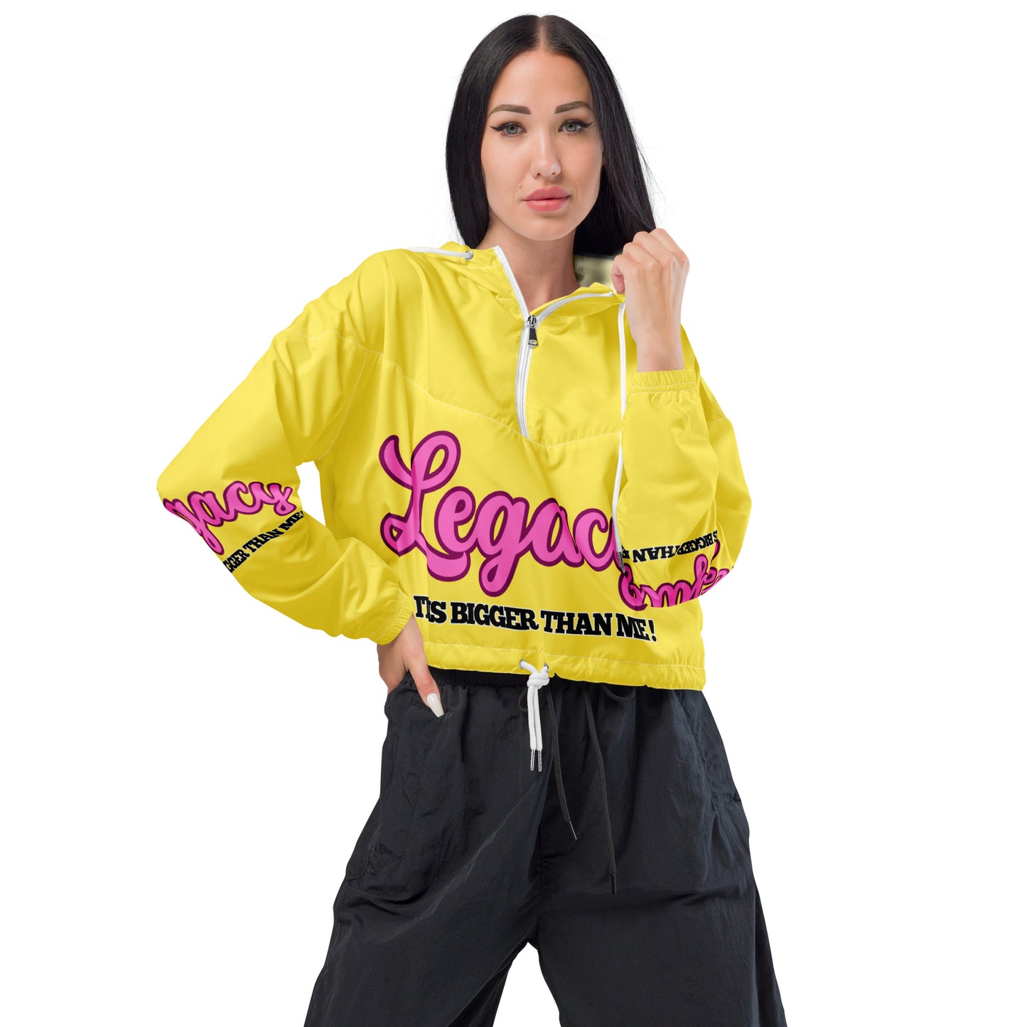 Women’s Cropped Windbreaker-LEGACY "It Is Bigger Than Me!" (PINK ON YELLOW)