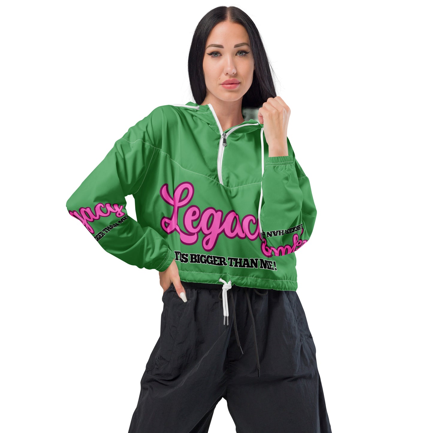 Women’s Cropped Windbreaker-LEGACY "It Is Bigger Than Me!" (PINK ON GREEN)