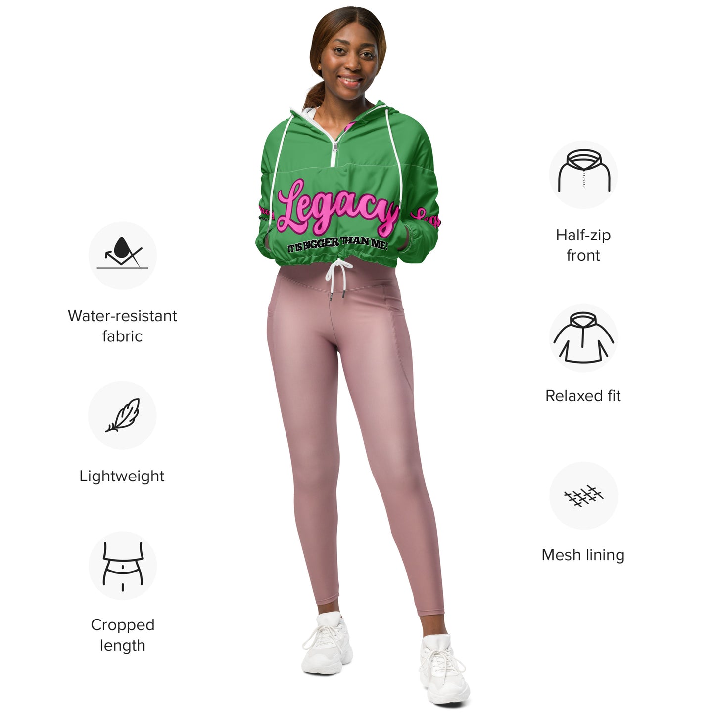 Women’s Cropped Windbreaker-LEGACY "It Is Bigger Than Me!" (PINK ON GREEN)